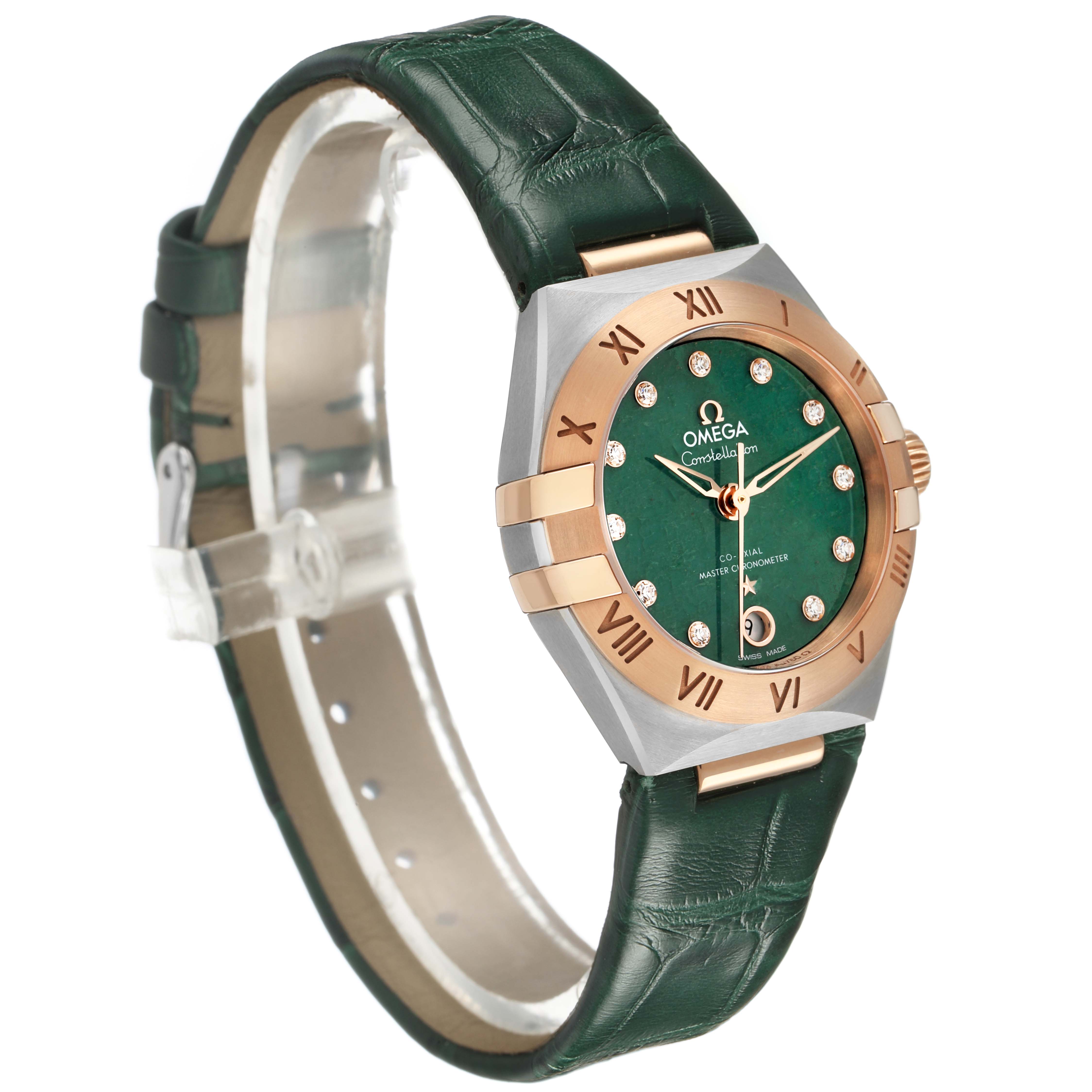 The Omega 131.23.29.20.99.001 Women's Steel and Gold (two tone) Green Dial Constellation 29 Diamond Steel Rose Gold watch is shown at an angle highlighting the case, bezel, and strap.