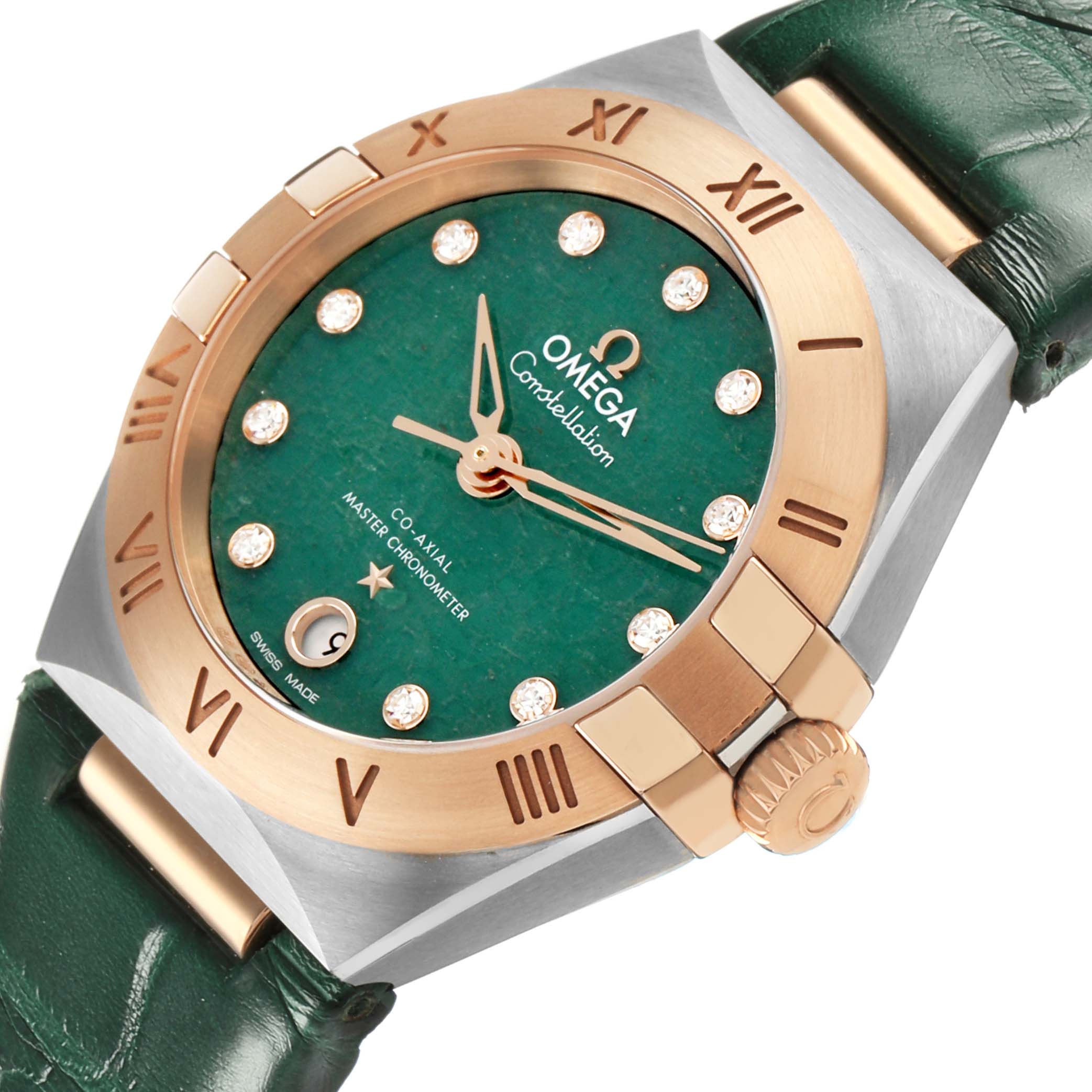 The Omega 131.23.29.20.99.001 Women's Steel and Gold (two tone) Green Dial Constellation 29 Diamond Steel Rose Gold watch is shown at an angled view, highlighting its green dial and diamond indices.