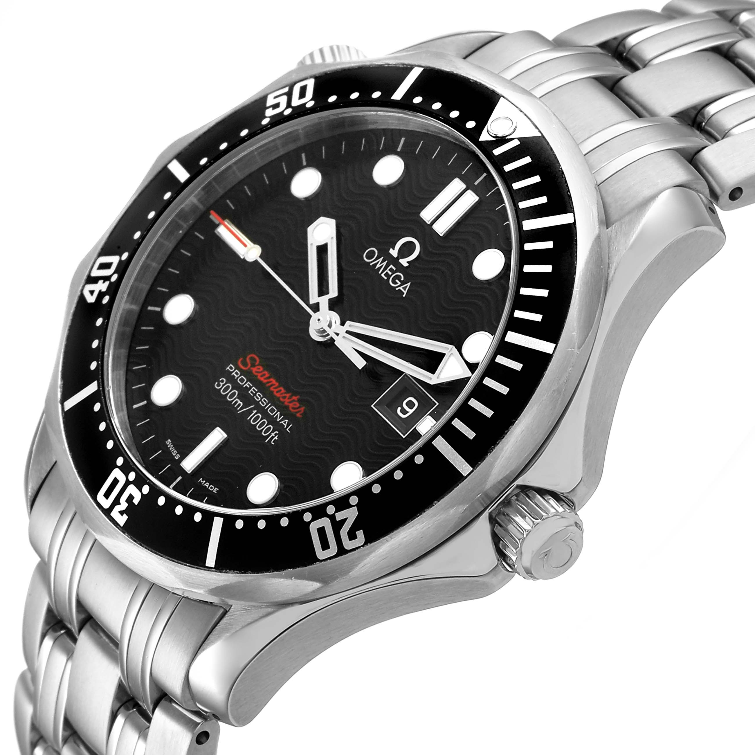 The Omega Seamaster 212.30.41.61.01.001 Men's Stainless Steel Black Dial watch is shown at an angled side view, highlighting its bezel, dial, crown, and stainless steel bracelet.