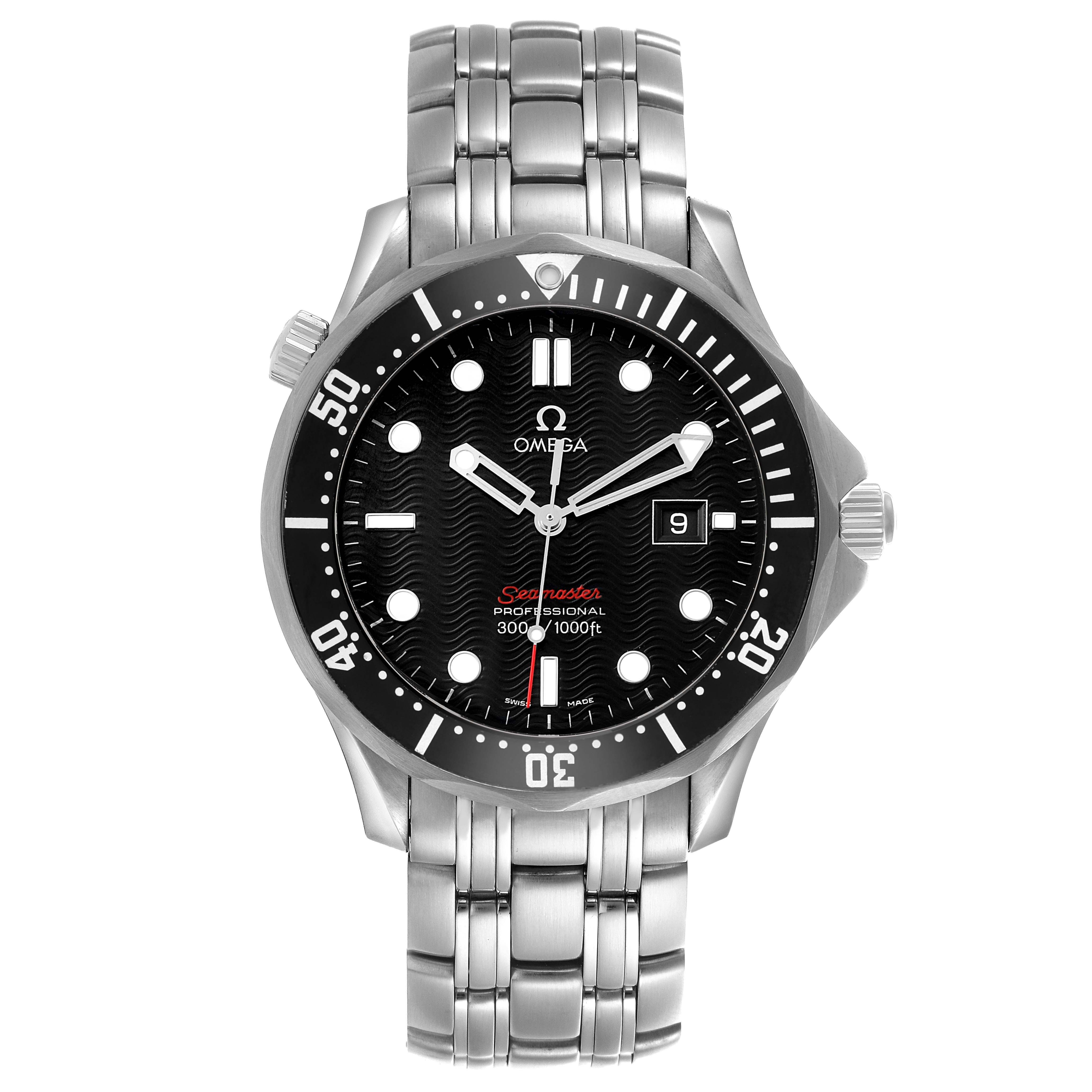 The Omega Seamaster 212.30.41.61.01.001 Men's Stainless Steel Black Dial watch is shown from a front angle, highlighting the face, bezel, crown, and bracelet.