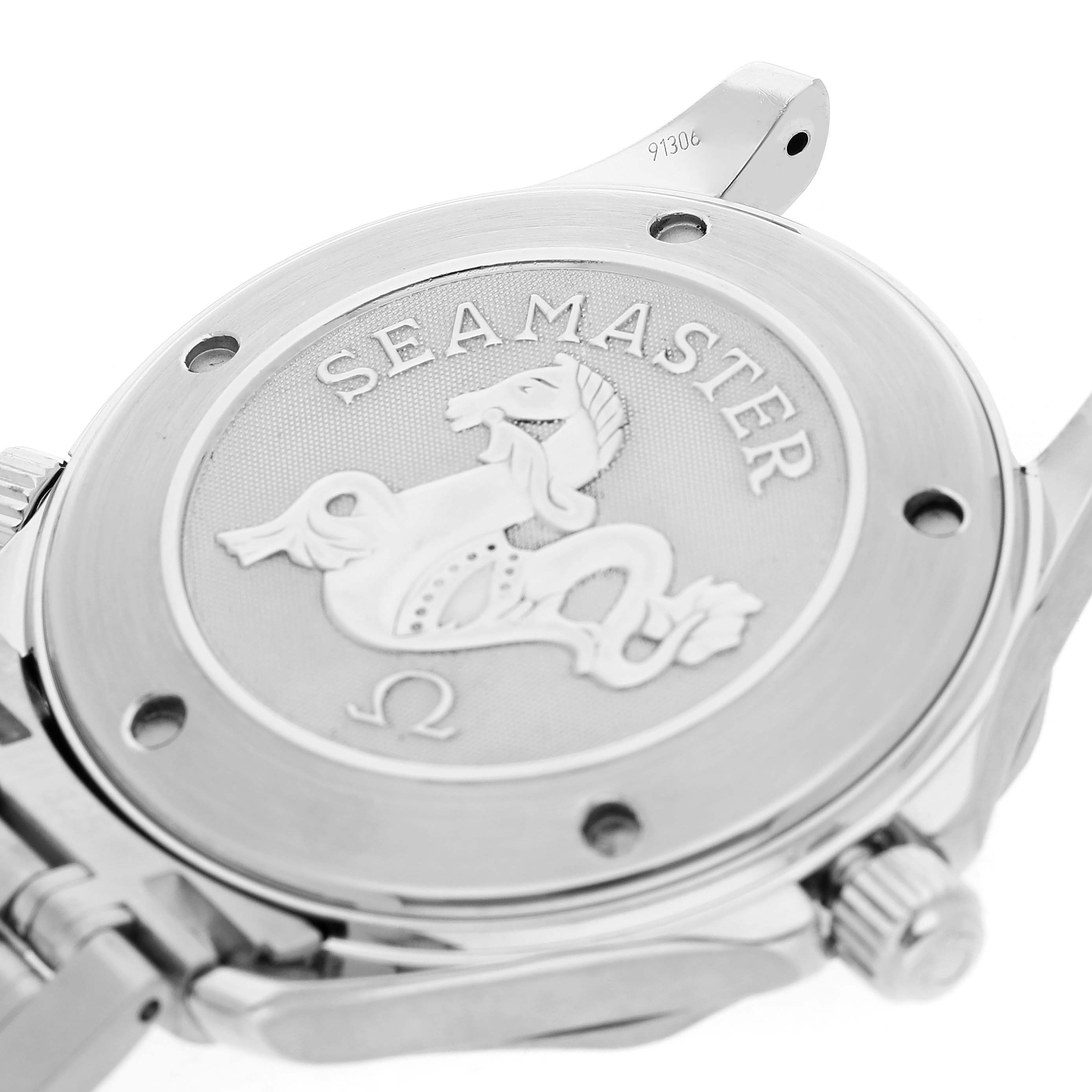 The image shows the case back of an Omega Seamaster 212.30.41.61.01.001 Men's Stainless Steel Black Dial watch featuring its engraved design and partial bracelet.