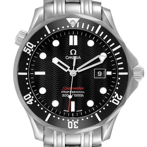 The Omega Seamaster 212.30.41.61.01.001 Men's Stainless Steel Black Dial watch is shown from the front, displaying its face, bezel, and part of the bracelet.
