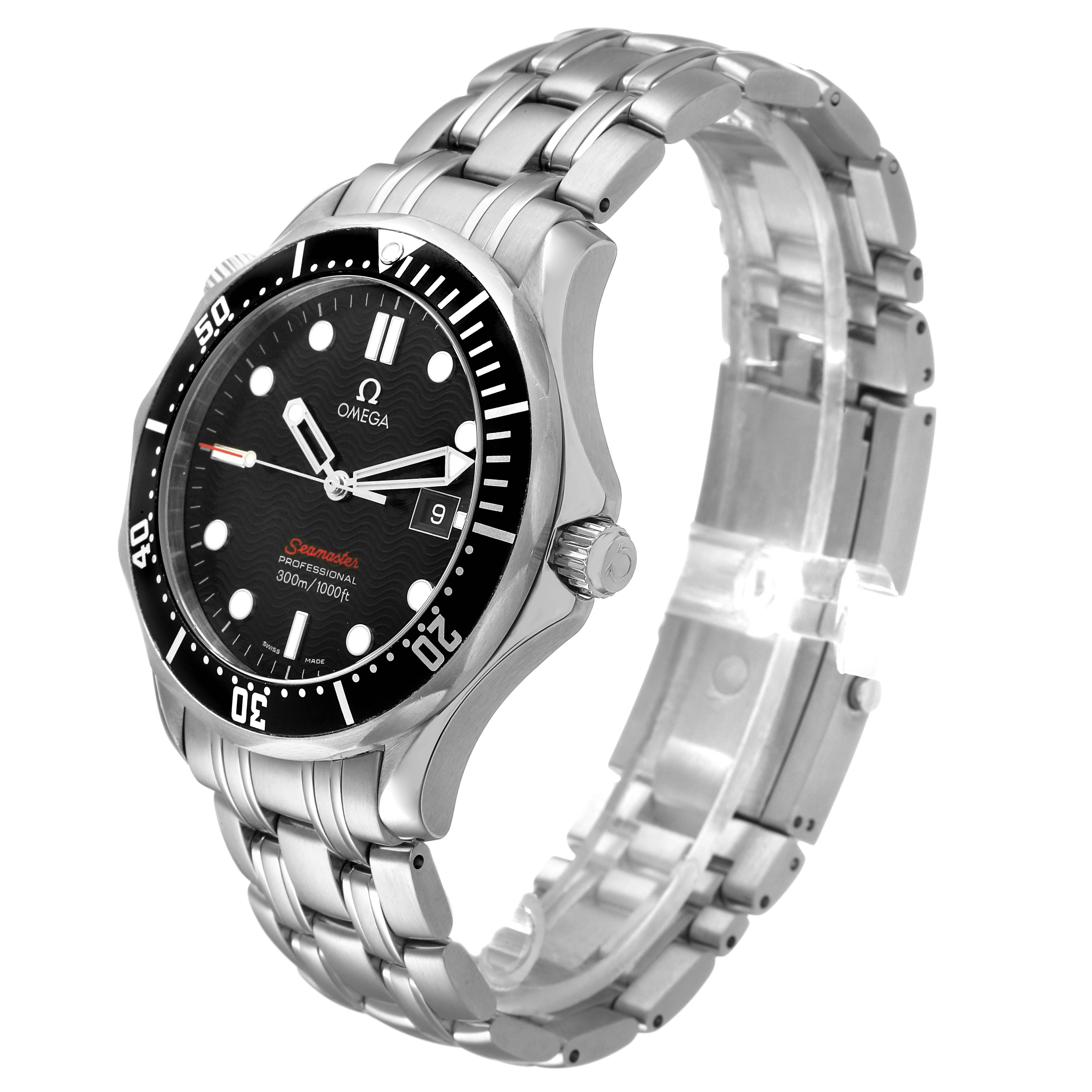 The Omega Seamaster 212.30.41.61.01.001 Men's Stainless Steel Black Dial watch is shown at a three-quarter angle, displaying the face, bezel, crown, and bracelet.