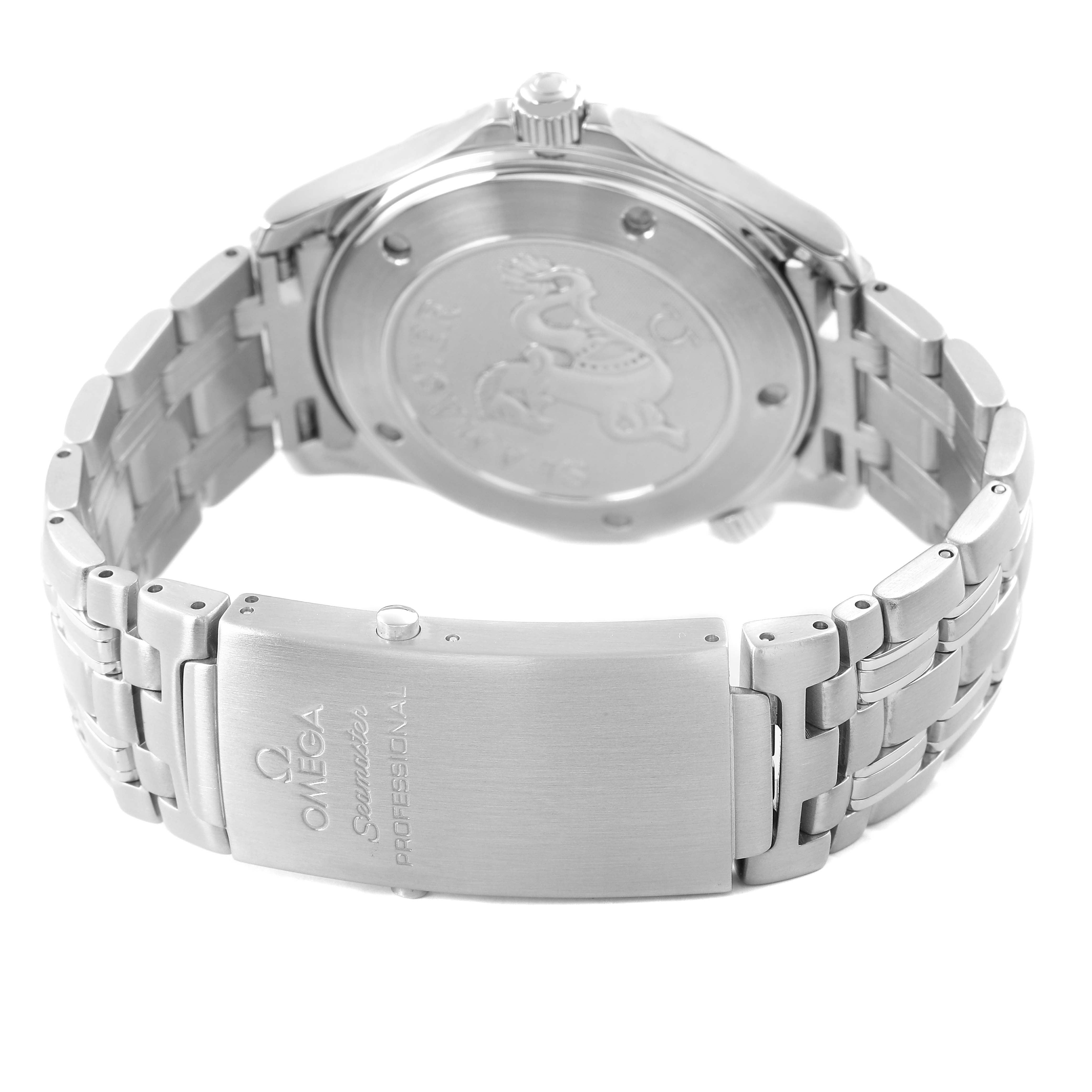 The Omega Seamaster 212.30.41.61.01.001 Men's Stainless Steel Black Dial watch is shown from the back, highlighting its stainless steel bracelet and clasp with engraved branding.