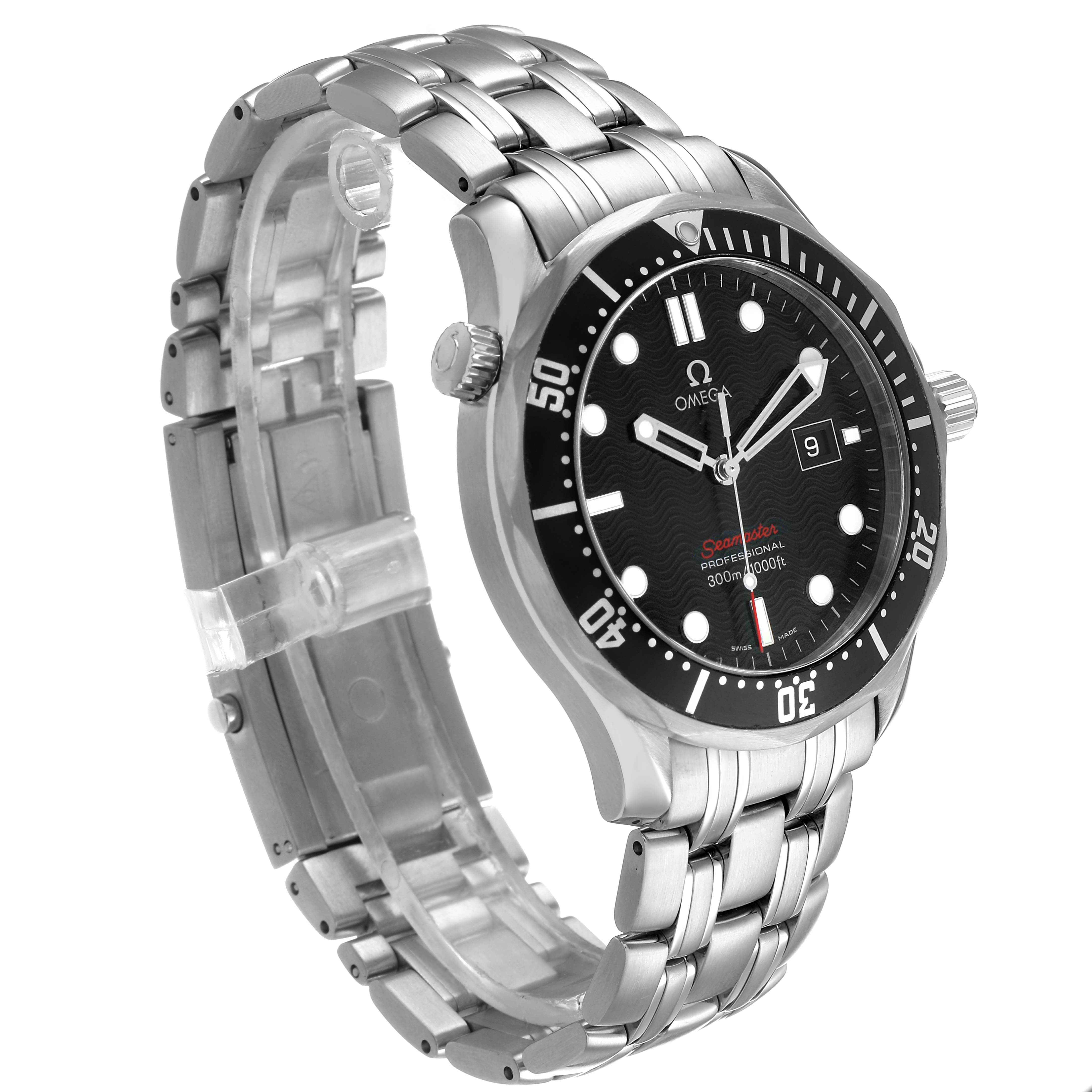 The Omega Seamaster 212.30.41.61.01.001 Men's Stainless Steel Black Dial watch is shown from a three-quarter angle, highlighting the bracelet, bezel, and black dial.