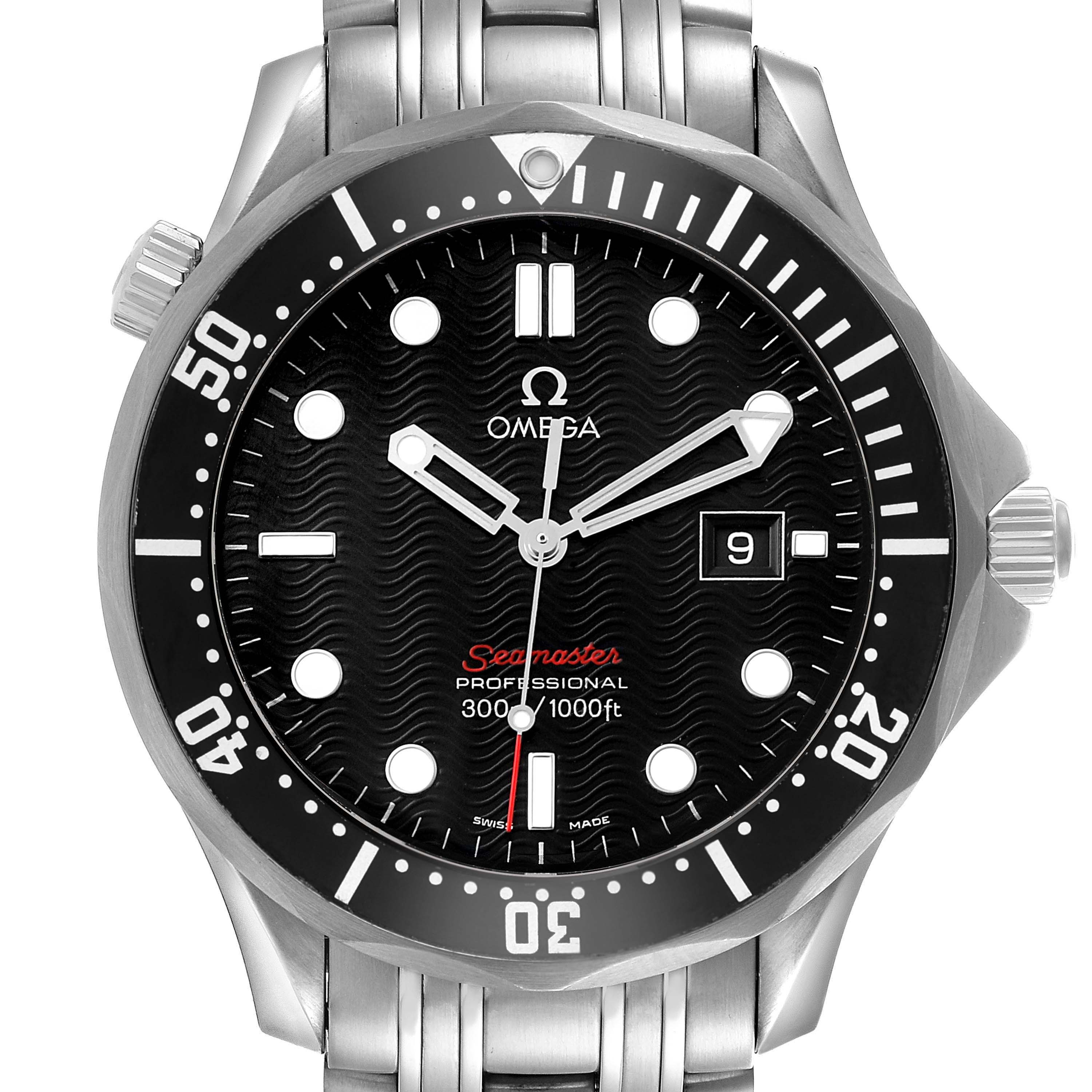 The Omega Seamaster 212.30.41.61.01.001 Men's Stainless Steel Black Dial watch is shown from a front angle, highlighting the dial, bezel, hands, and metal bracelet.