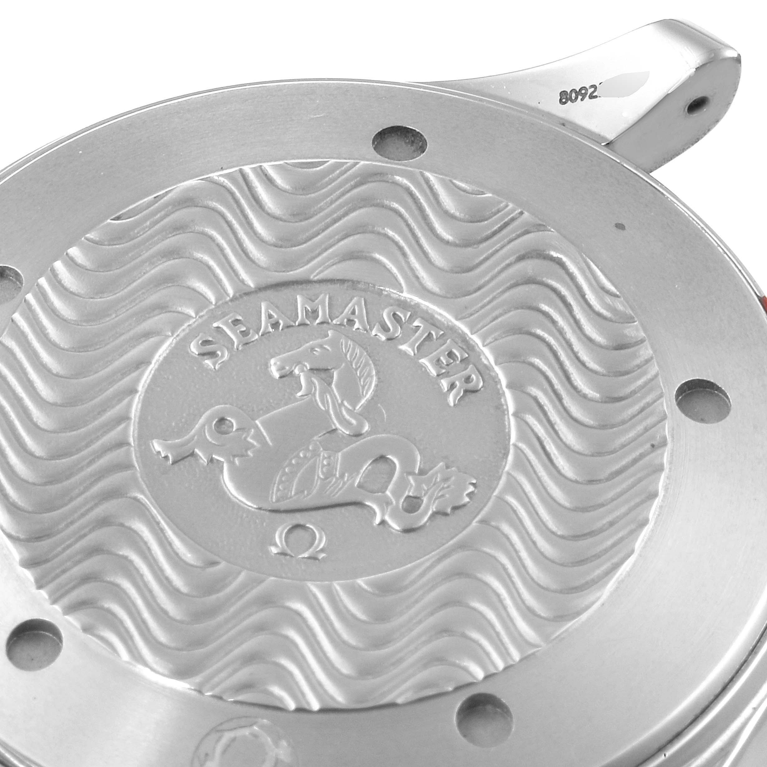 The image shows the Omega Seamaster 2531.80.00 Men
s Stainless Steel Blue Dial 2531.80.00 Men
s Stainless Steel Blue Dial
s case back with its distinctive wave pattern and logo.