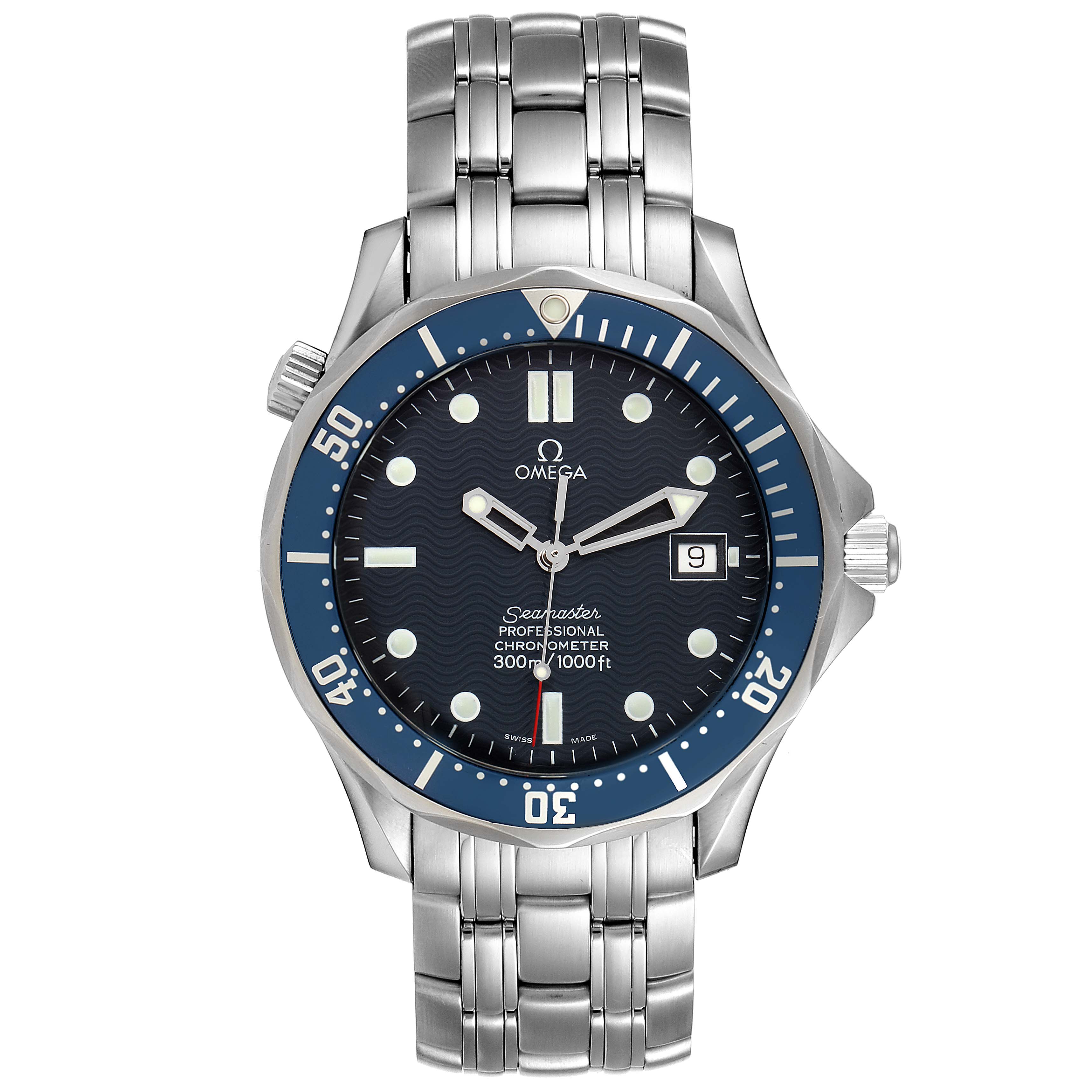 The image shows a front view of an Omega Seamaster 2531.80.00 Men
s Stainless Steel Blue Dial 2531.80.00 Men
s Stainless Steel Blue Dial watch, highlighting its dial, bezel, and bracelet.