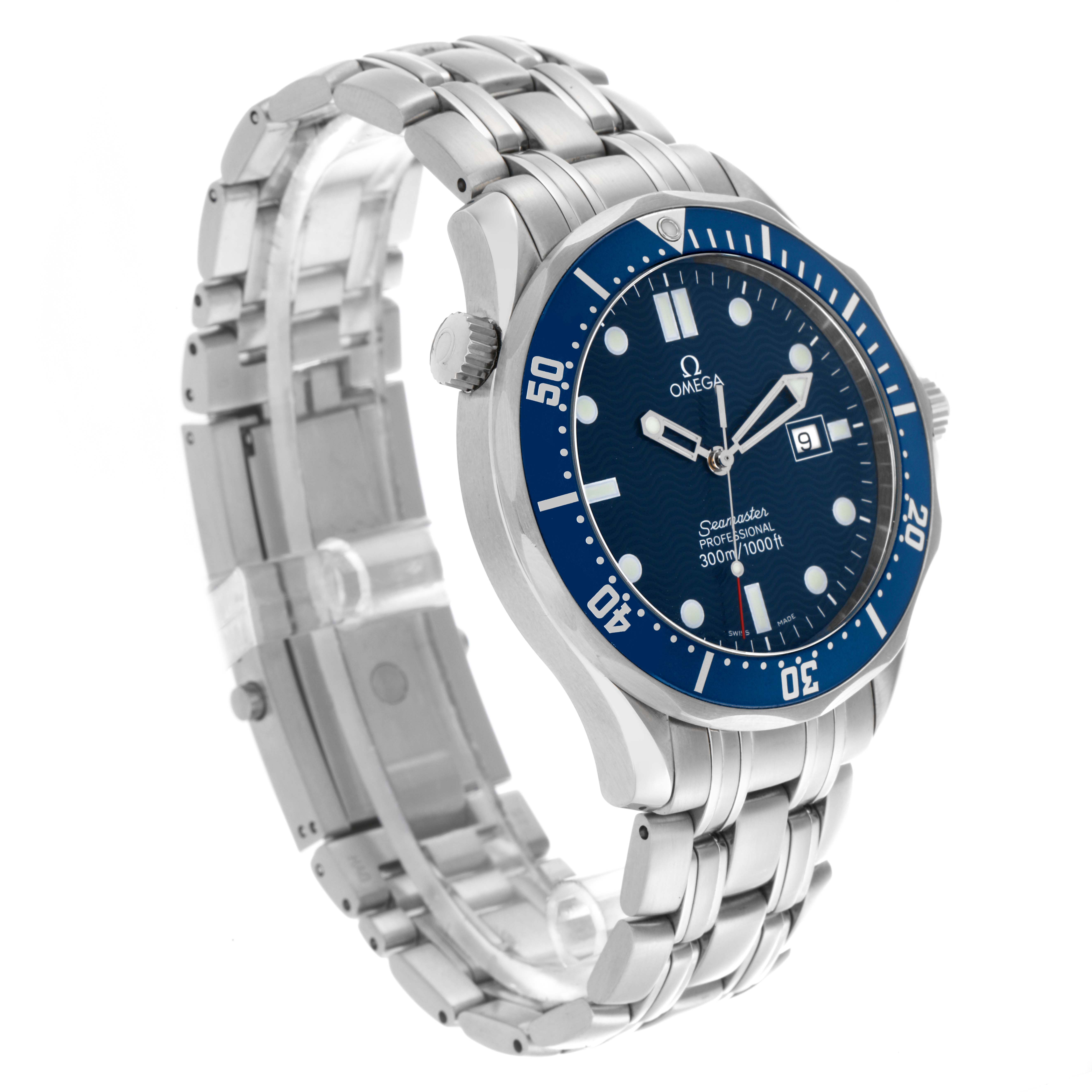 The Omega Seamaster 2541.80.00 Men
s Stainless Steel Blue Dial 2541.80.00 Men
s Stainless Steel Blue Dial watch is shown at a three-quarter angle, highlighting the face, bezel, crown, and metal bracelet.