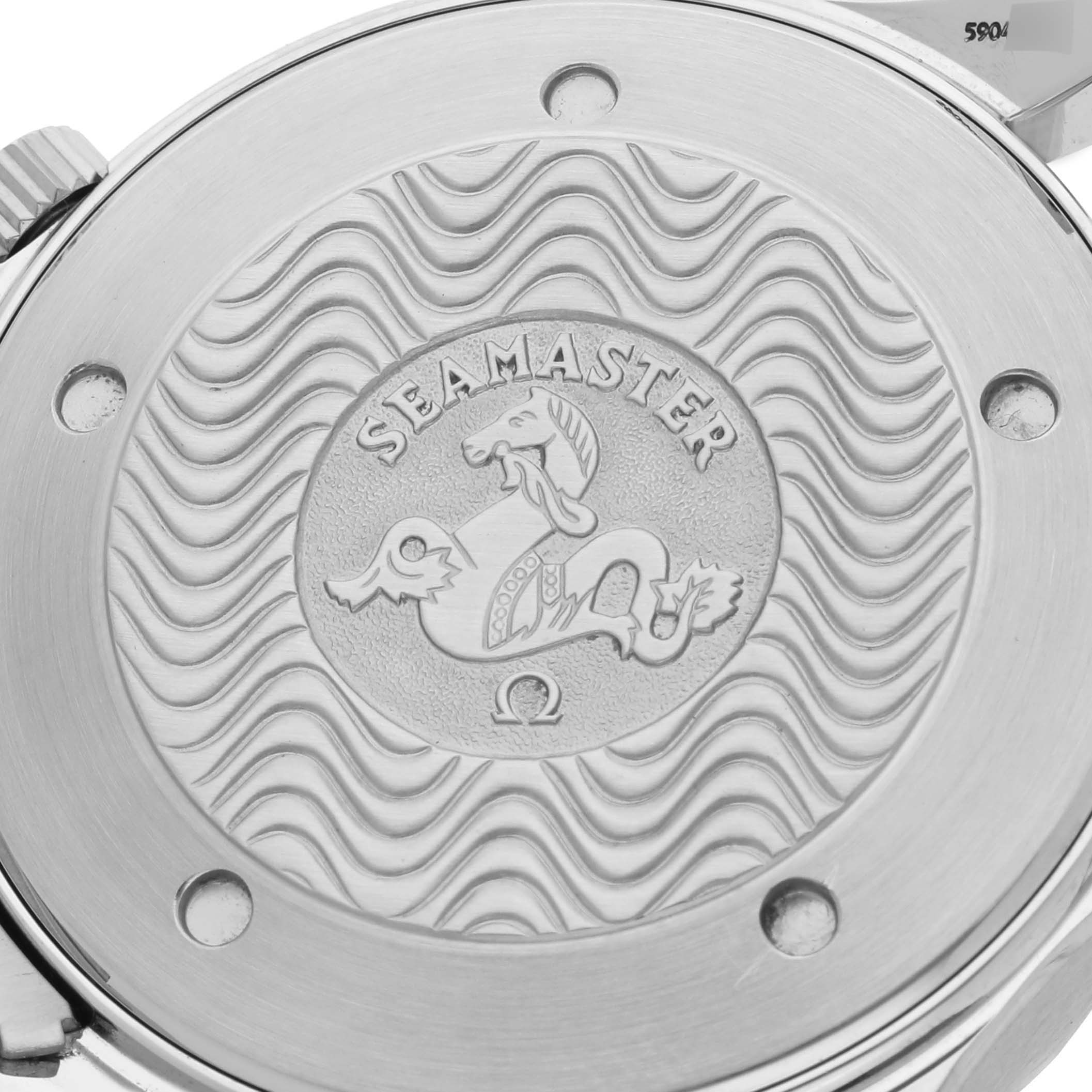 The image shows the engraved case back of an Omega Seamaster 2541.80.00 Men
s Stainless Steel Blue Dial 2541.80.00 Men
s Stainless Steel Blue Dial watch from a top-down angle.