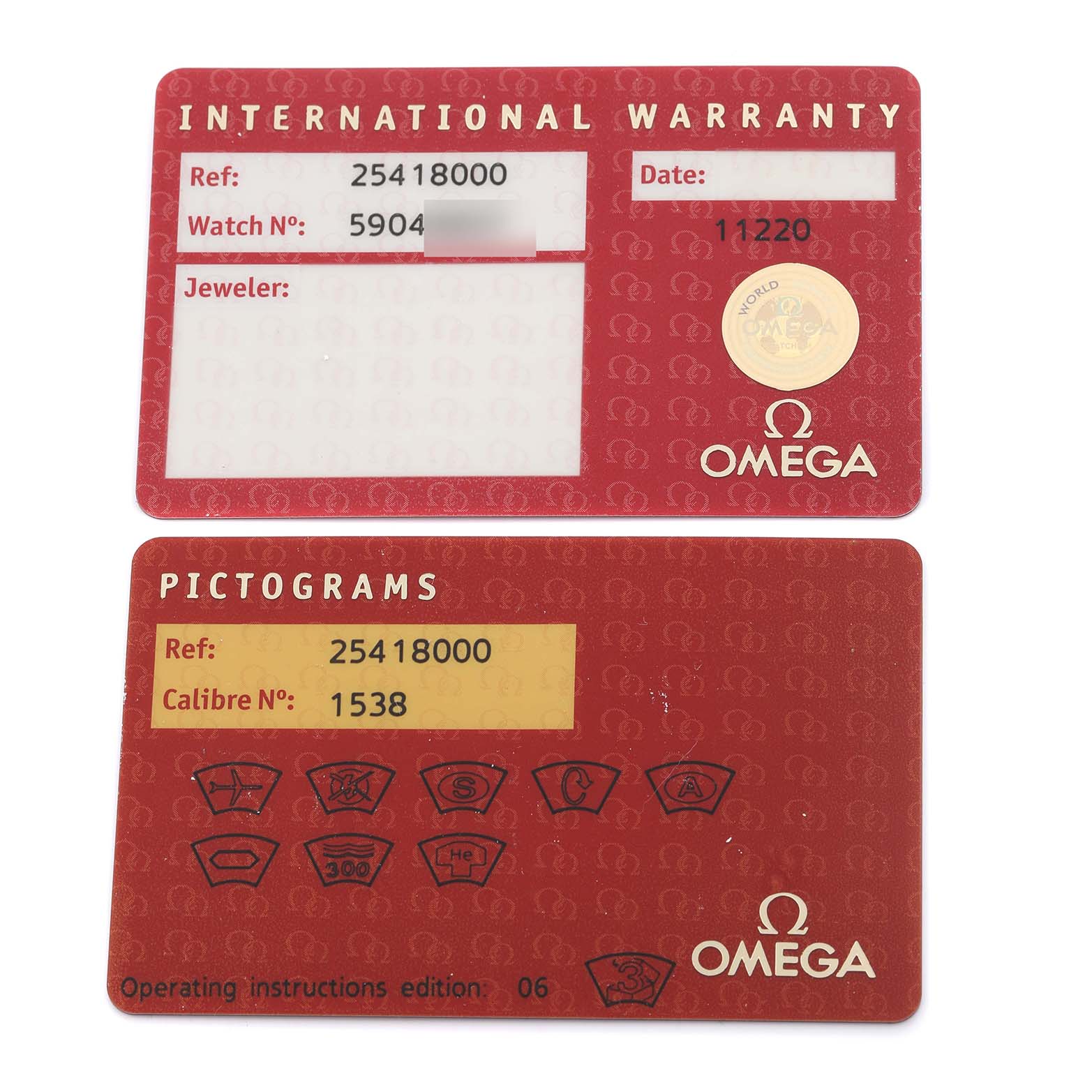 The image shows two Omega Seamaster 2541.80.00 Men
s Stainless Steel Blue Dial 2541.80.00 Men
s Stainless Steel Blue Dial warranty and pictogram cards laid flat, displaying reference and caliber information.