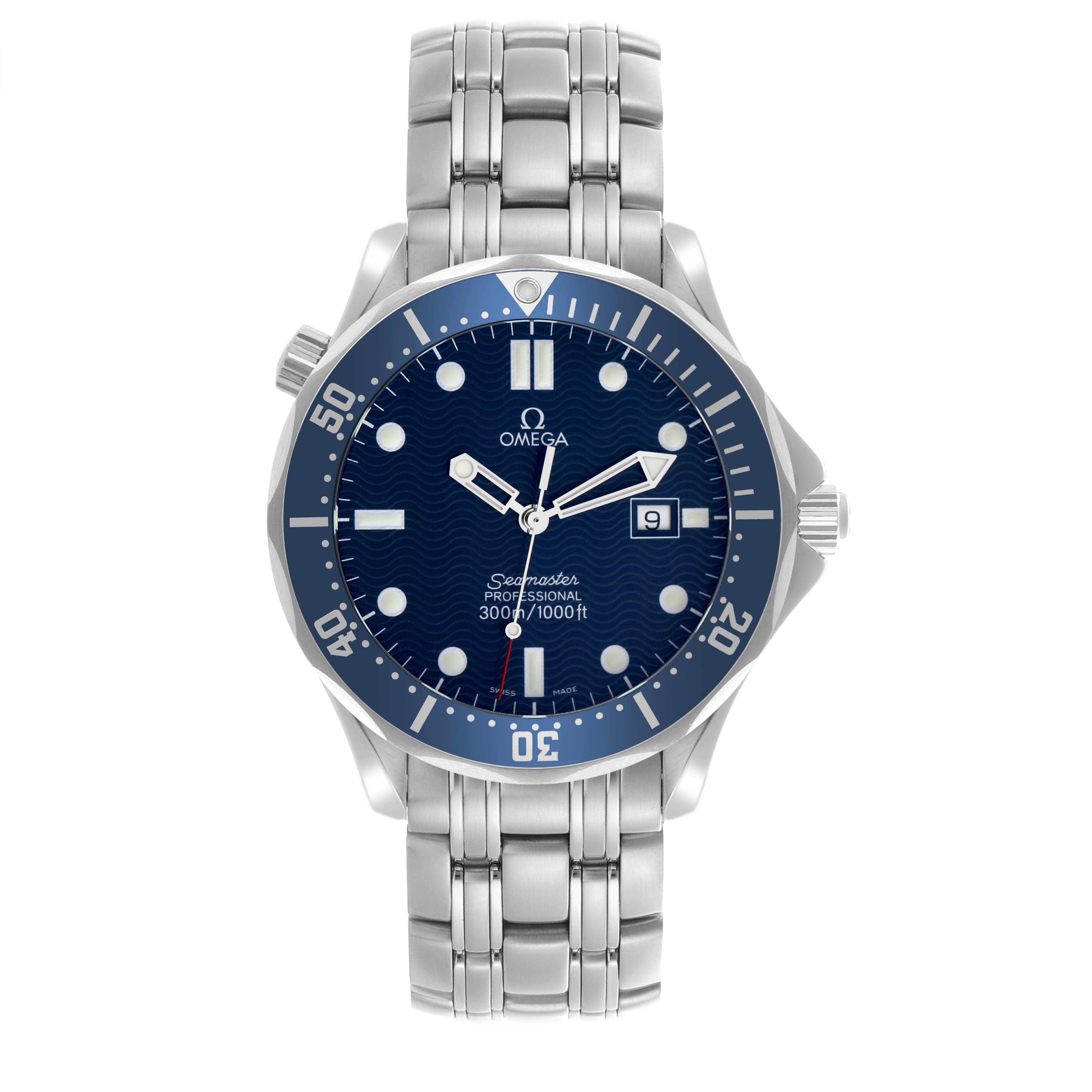 The Omega Seamaster 2541.80.00 Men
s Stainless Steel Blue Dial 2541.80.00 Men
s Stainless Steel Blue Dial watch is shown from a front angle, displaying the blue dial, bezel, and stainless steel bracelet.