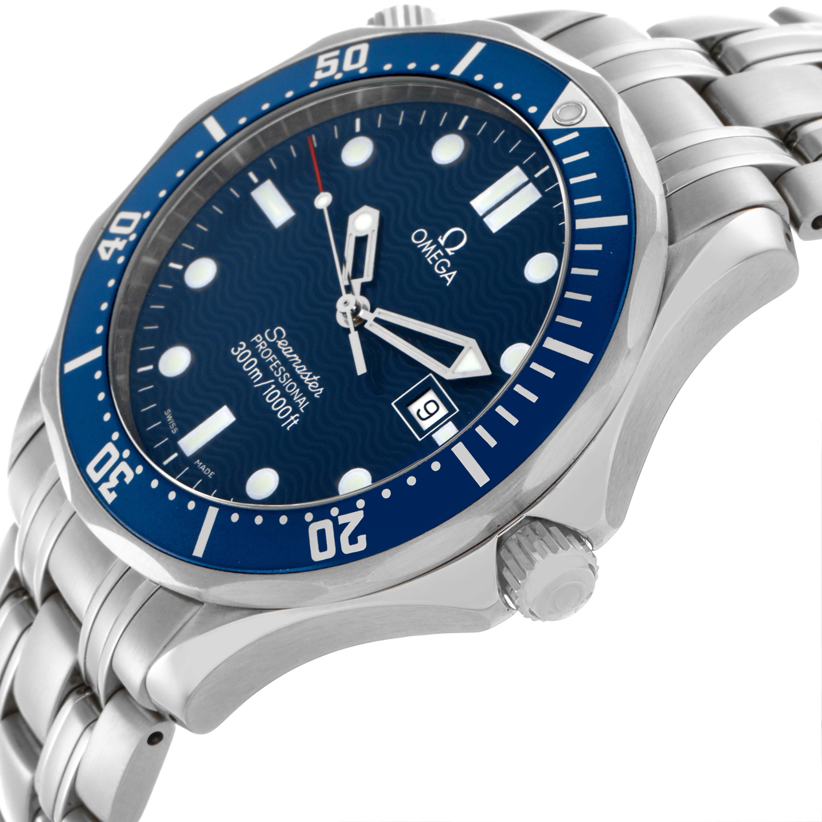 The image shows a side angle of the Omega Seamaster 2541.80.00 Men
s Stainless Steel Blue Dial 2541.80.00 Men
s Stainless Steel Blue Dial watch, highlighting the blue bezel, dial, and stainless steel bracelet.
