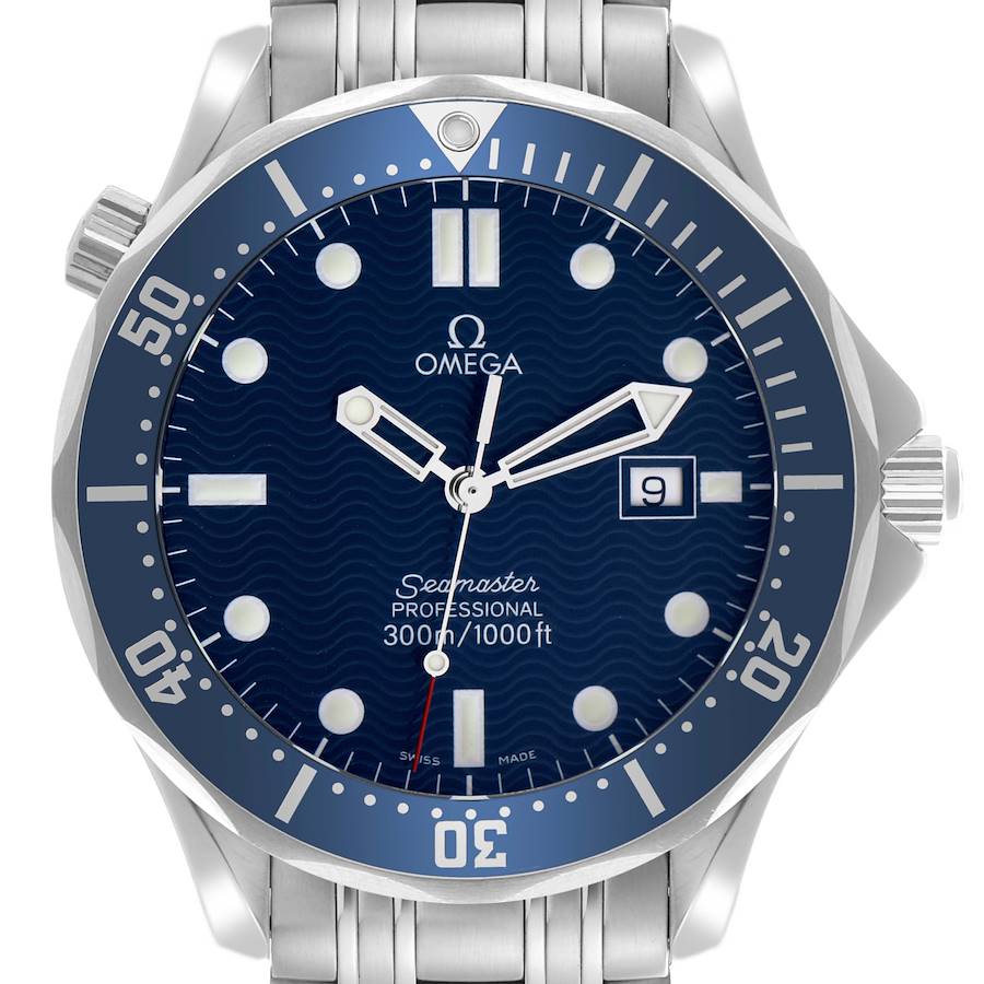 The Omega Seamaster is shown from the front, displaying the dial, bezel, and parts of the bracelet.