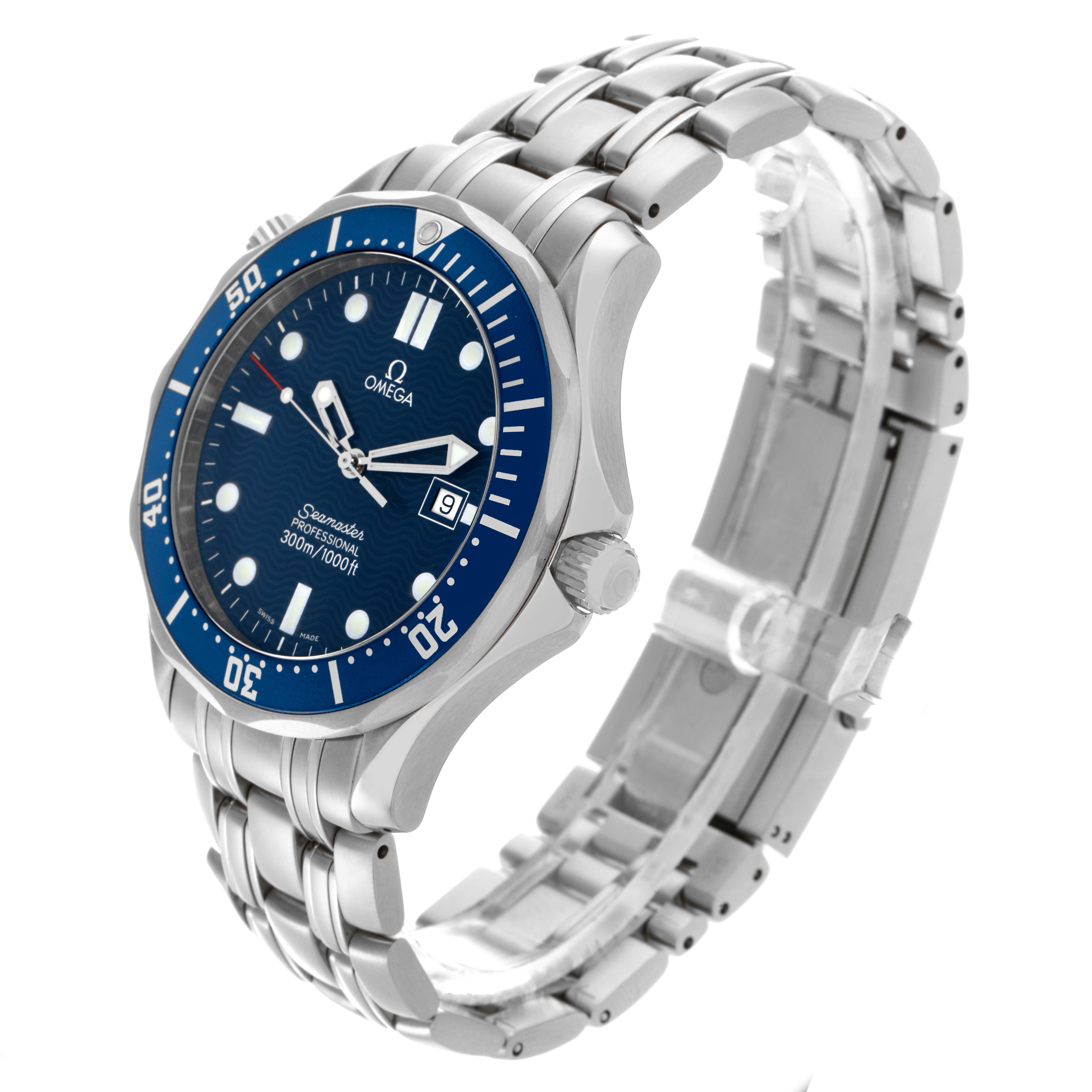 The Omega Seamaster 2541.80.00 Men
s Stainless Steel Blue Dial 2541.80.00 Men
s Stainless Steel Blue Dial watch is shown at a 3/4 angle, displaying its face, crown, bezel, and metal bracelet.