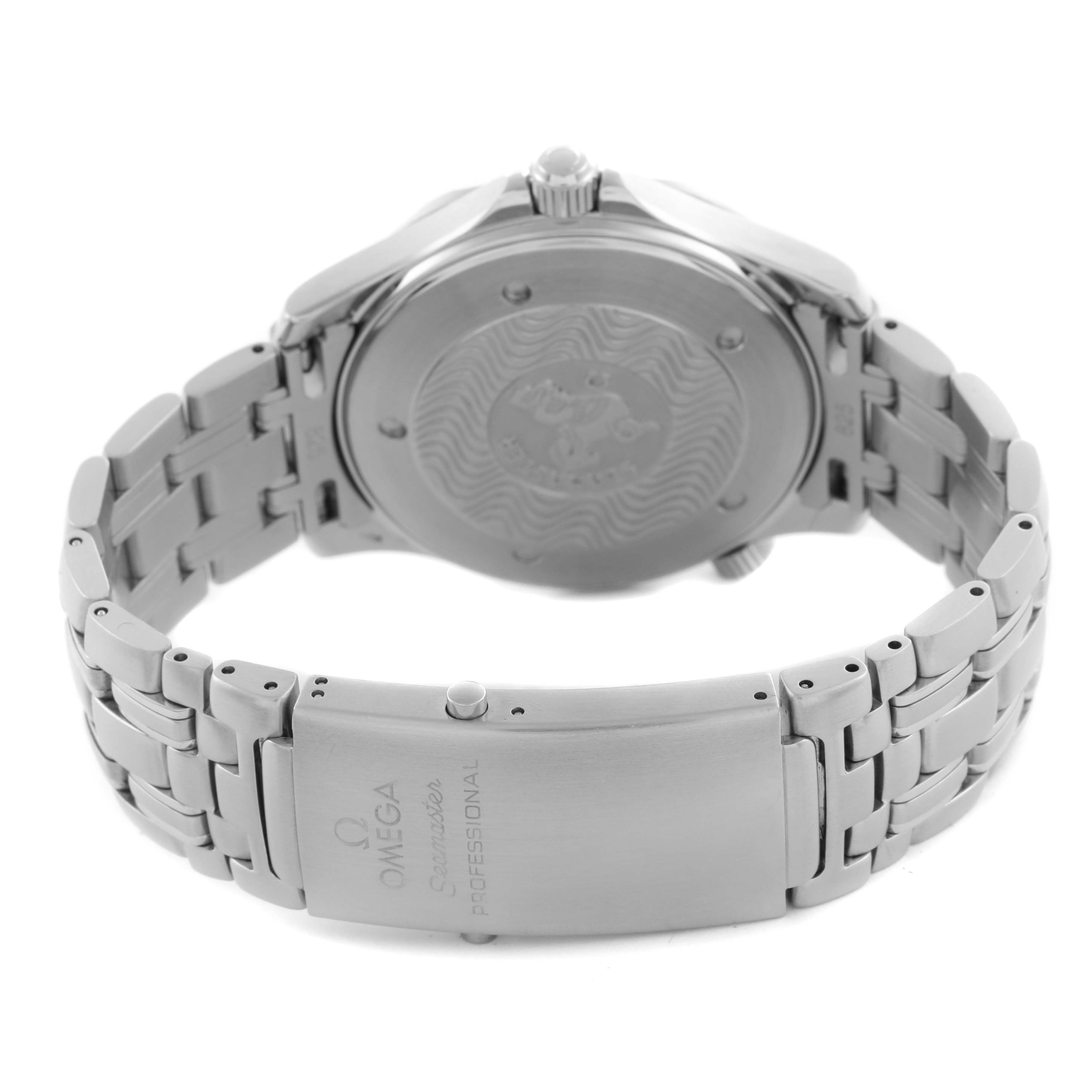 The Omega Seamaster 2541.80.00 Men
s Stainless Steel Blue Dial 2541.80.00 Men
s Stainless Steel Blue Dial watch is shown from a rear angle, highlighting the case back, crown, and metal bracelet clasp.