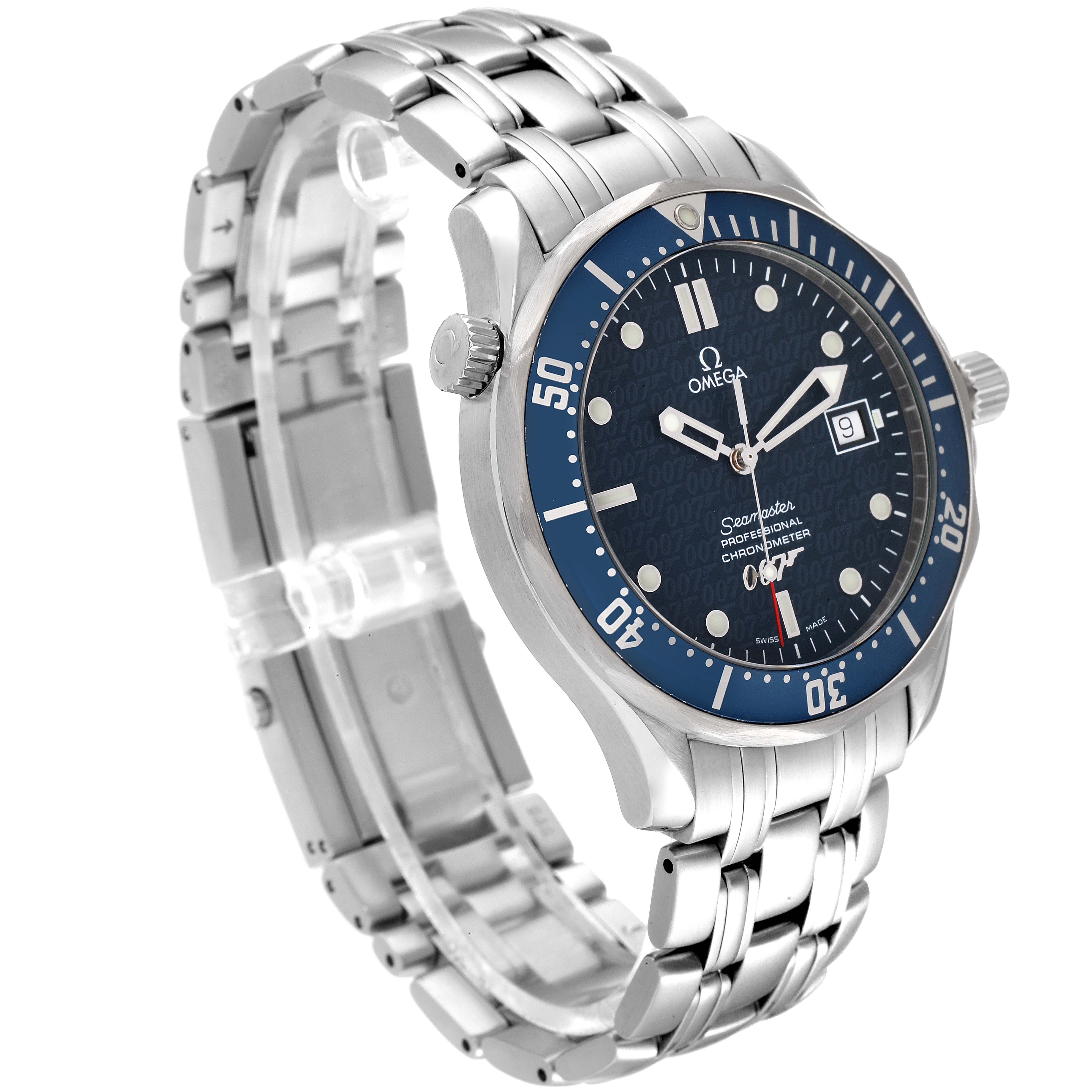 The image shows an Omega Seamaster 2537.80.00 Men's Stainless Steel Blue Dial 2537.80.00 Men's Stainless Steel Blue Dial watch at a three-quarter angle, highlighting the dial, bezel, crown, and bracelet.