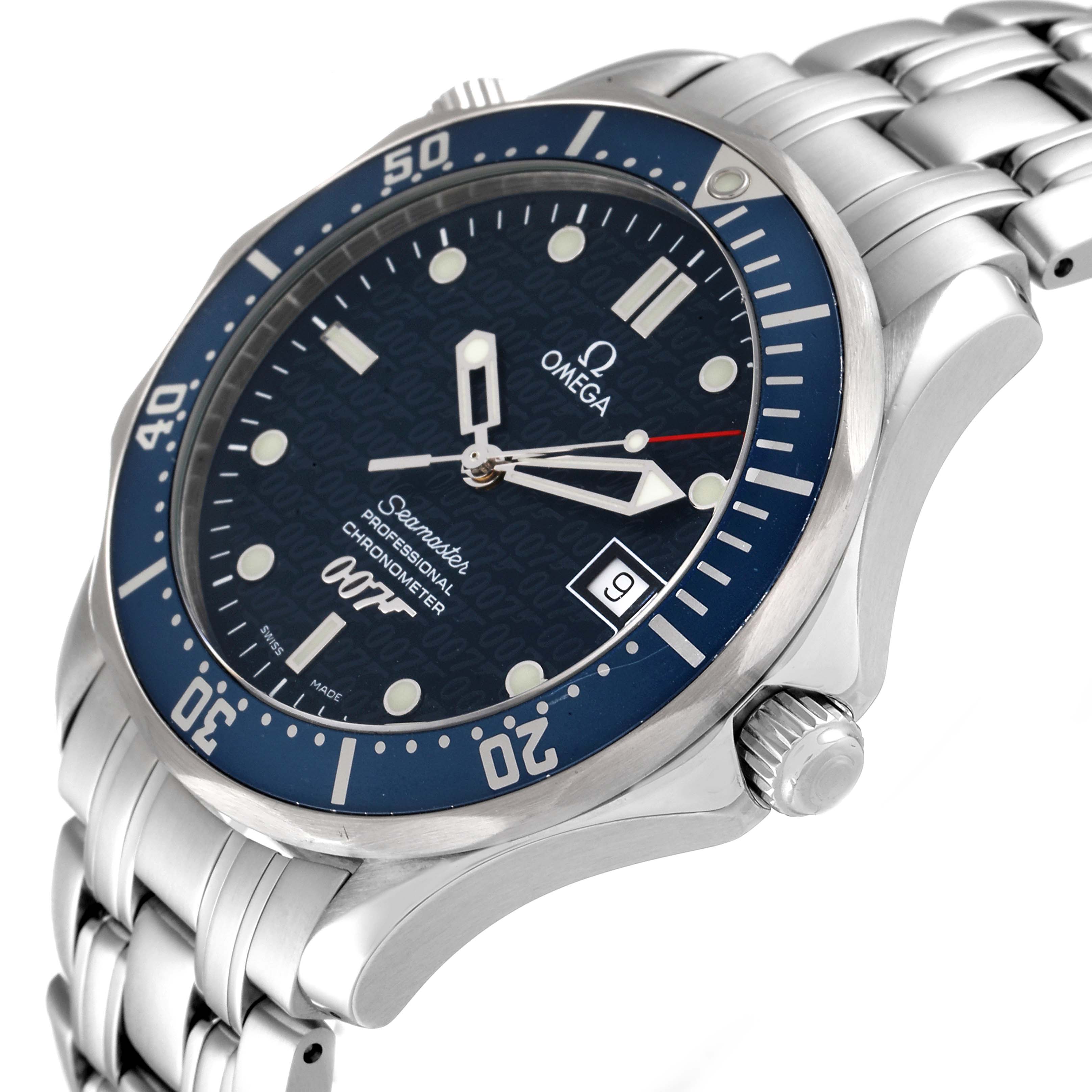 The image shows an angled view of an Omega Seamaster 2537.80.00 Men's Stainless Steel Blue Dial 2537.80.00 Men's Stainless Steel Blue Dial watch, highlighting the dial, bezel, crown, and bracelet.