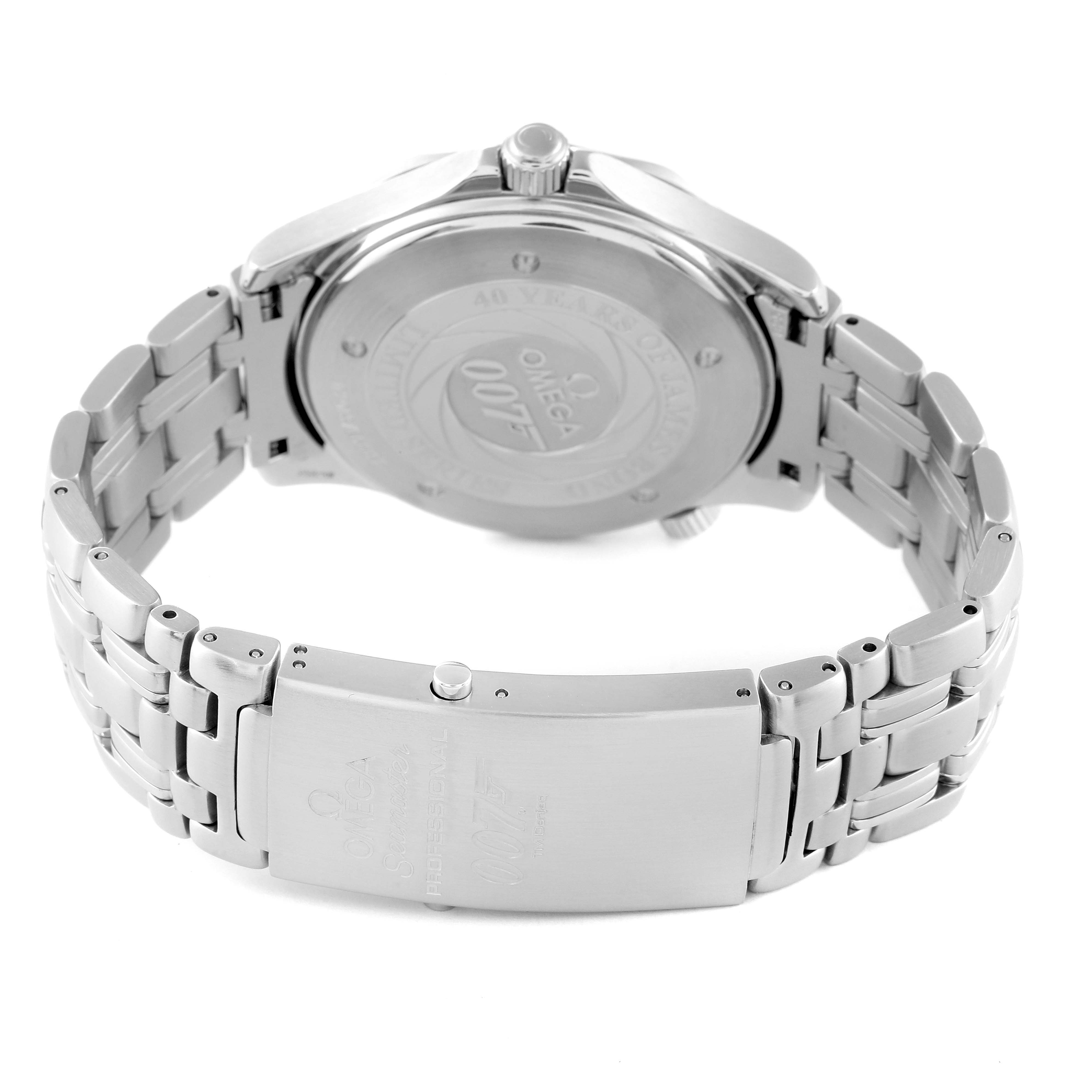 The image shows the Omega Seamaster 2537.80.00 Men's Stainless Steel Blue Dial 2537.80.00 Men's Stainless Steel Blue Dial watch from a rear perspective, highlighting the case back and clasp of the metal bracelet.