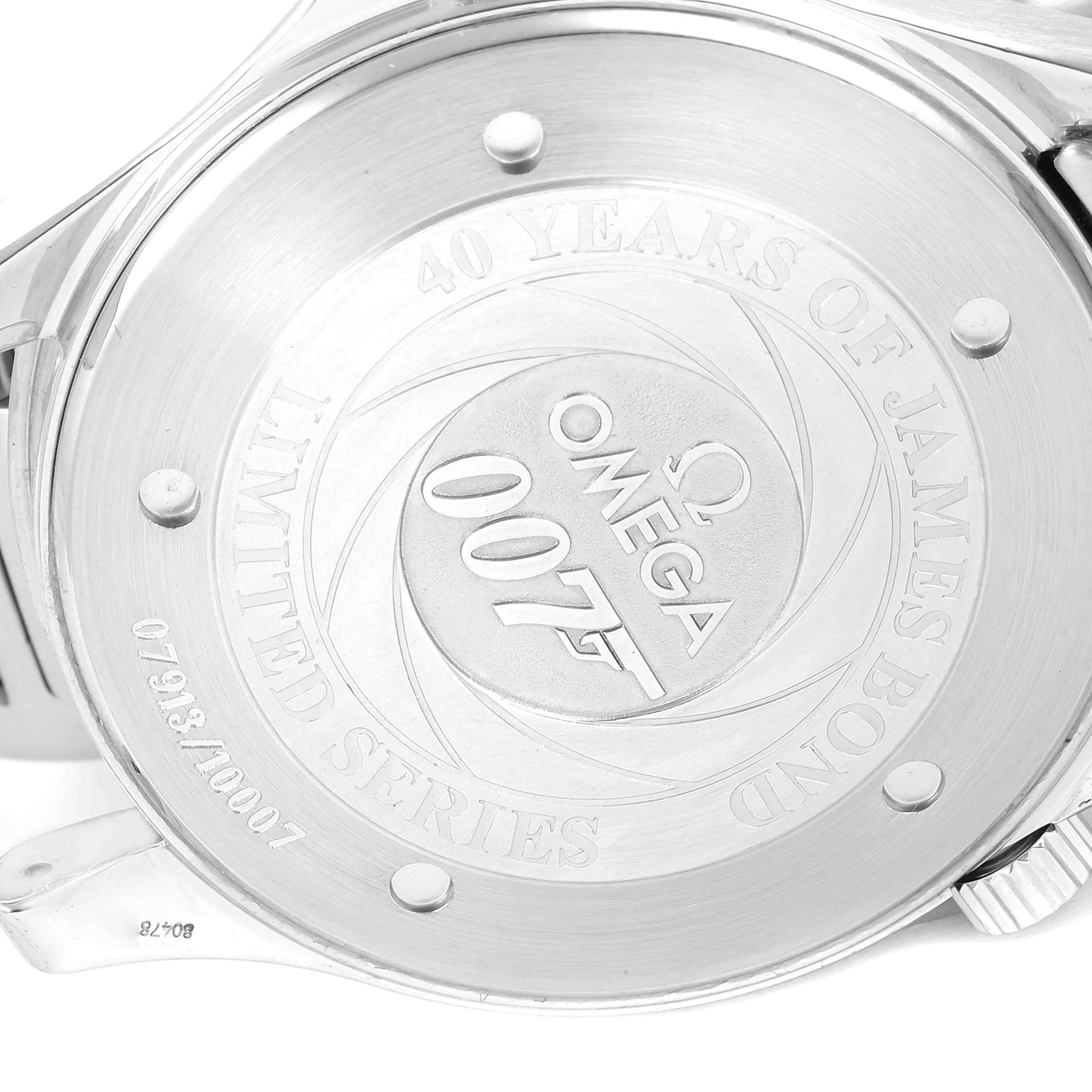 The image shows the engraved case back of an Omega Seamaster 2537.80.00 Men's Stainless Steel Blue Dial 2537.80.00 Men's Stainless Steel Blue Dial Limited Series watch, celebrating 40 years of James Bond.