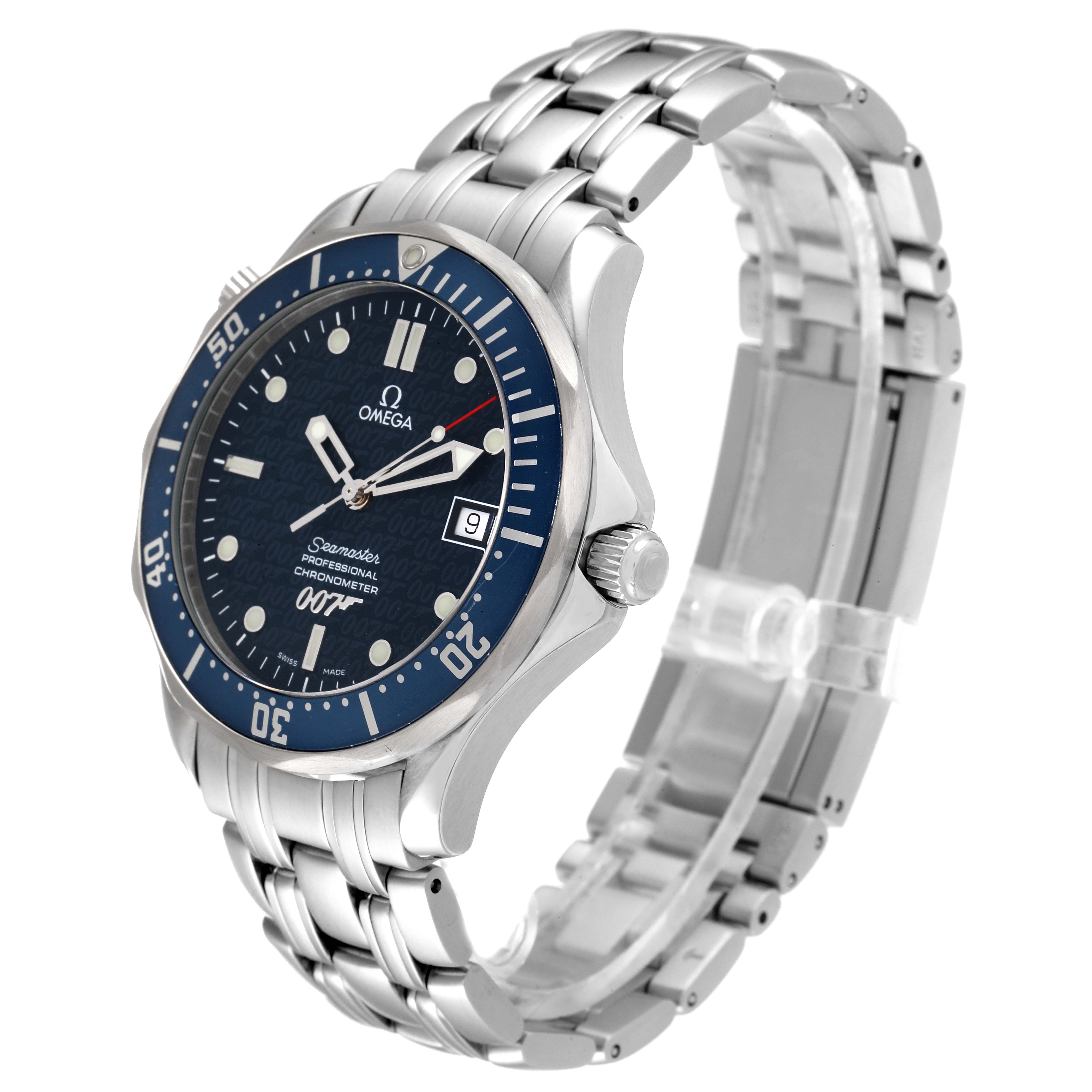 The image shows an angled view of an Omega Seamaster 2537.80.00 Men's Stainless Steel Blue Dial 2537.80.00 Men's Stainless Steel Blue Dial watch, displaying its face, bezel, crown, and stainless steel bracelet.