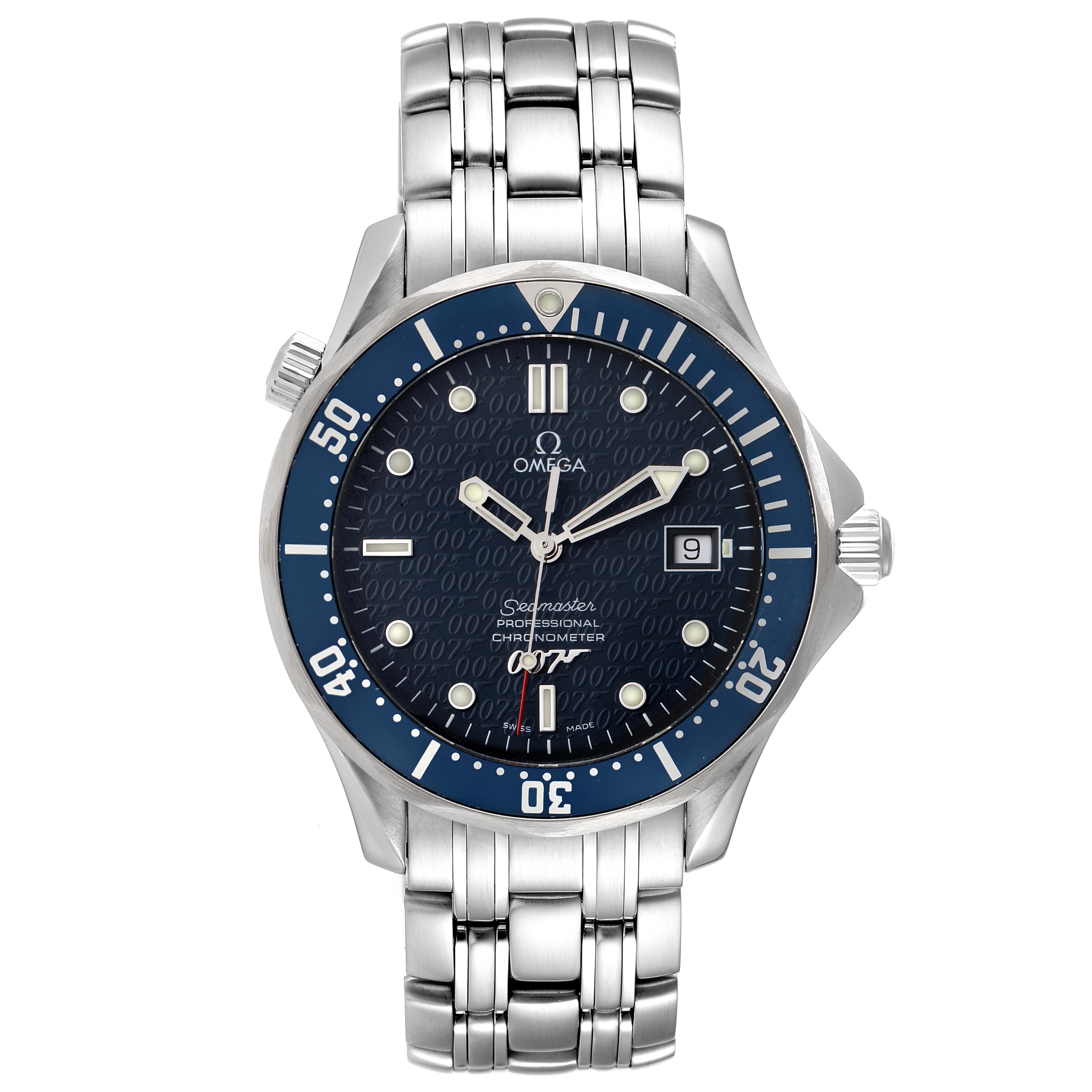 The photo shows a front view of an Omega Seamaster 2537.80.00 Men's Stainless Steel Blue Dial 2537.80.00 Men's Stainless Steel Blue Dial watch with a blue dial, metal bracelet, and date display.
