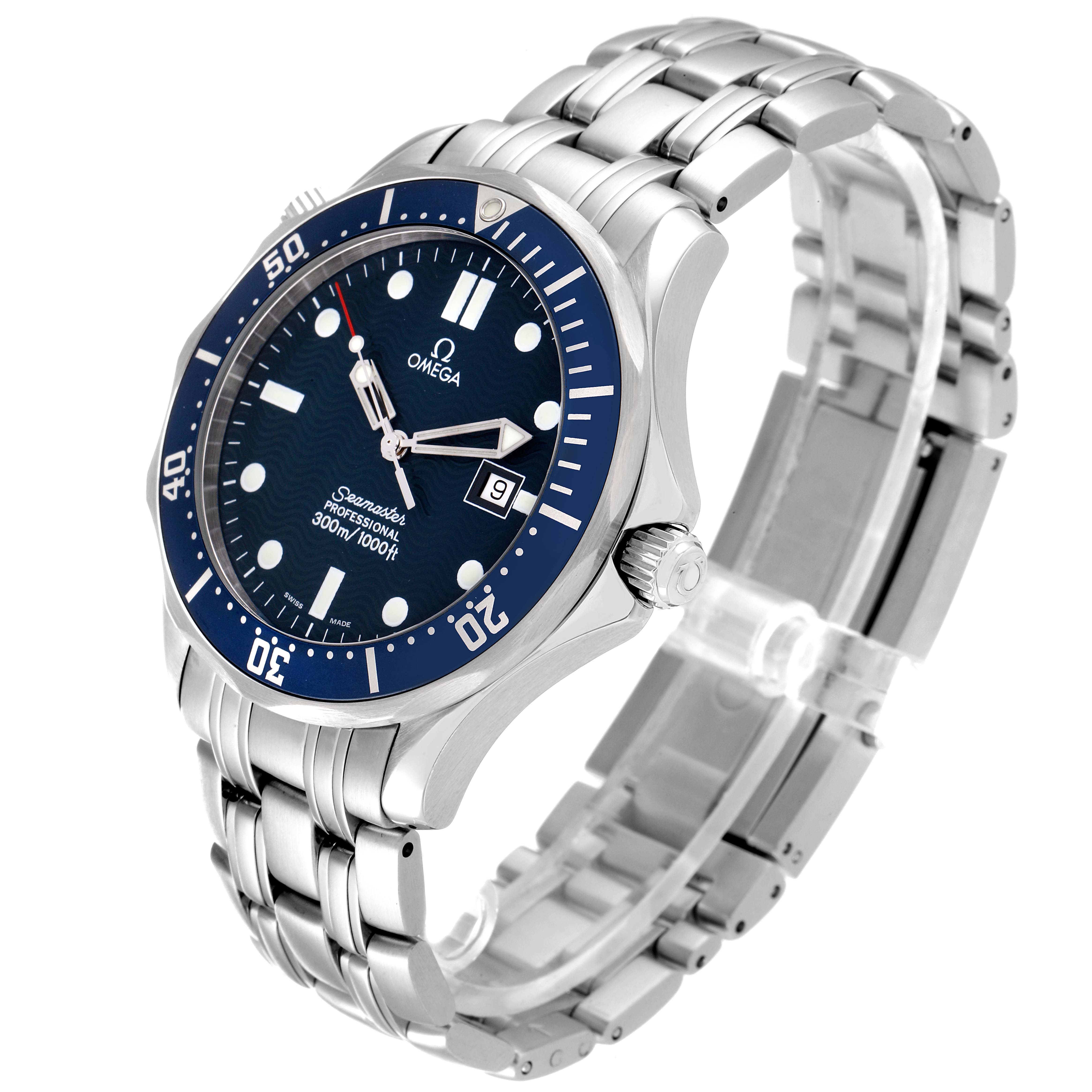 The image shows an angled view of the Omega Seamaster 2541.80.00 Men's Stainless Steel Blue Dial 2541.80.00 Men's Stainless Steel Blue Dial watch, featuring the dial, bezel, crown, and a portion of the bracelet.