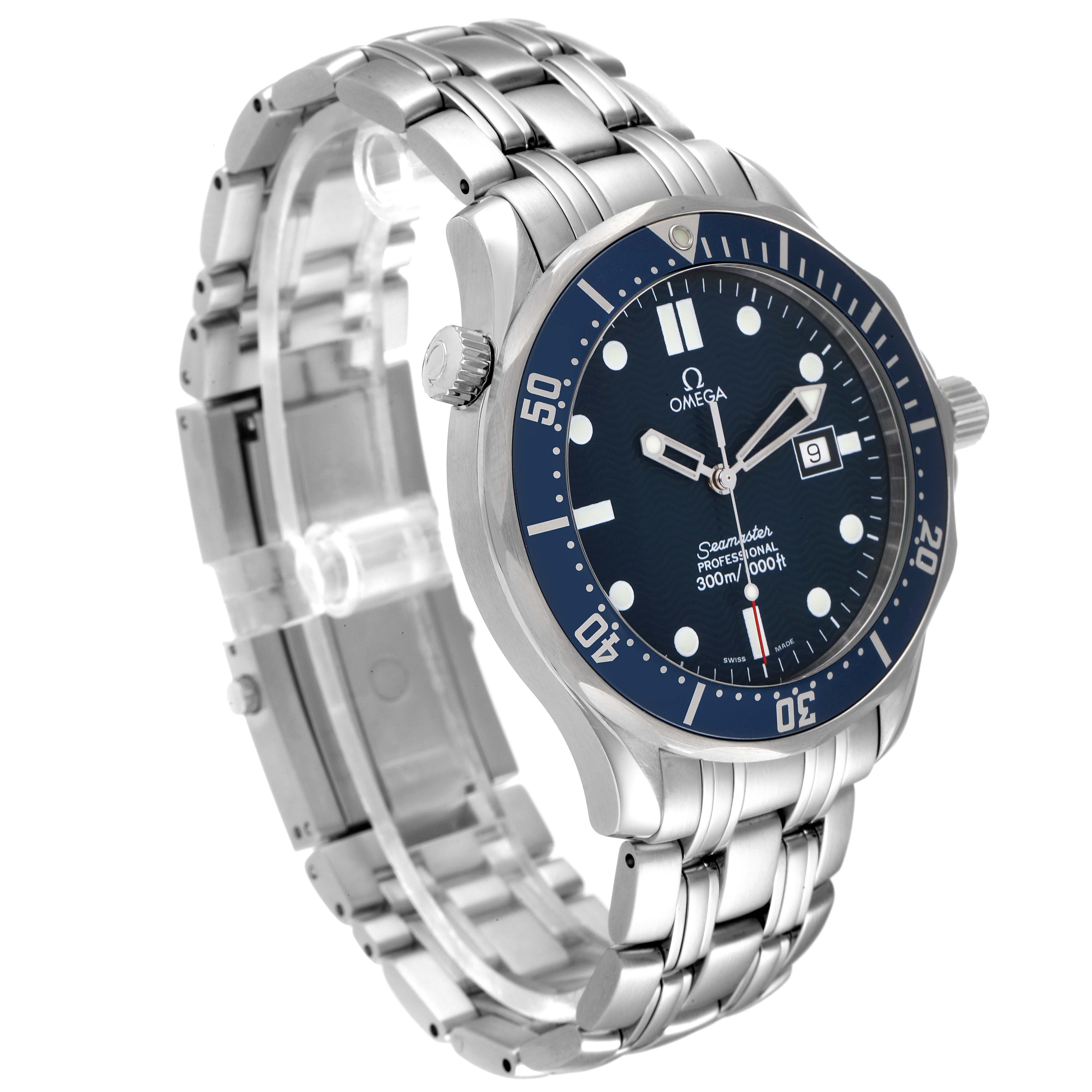 The image shows a side view of the Omega Seamaster 2541.80.00 Men's Stainless Steel Blue Dial 2541.80.00 Men's Stainless Steel Blue Dial watch, highlighting the dial and bracelet.
