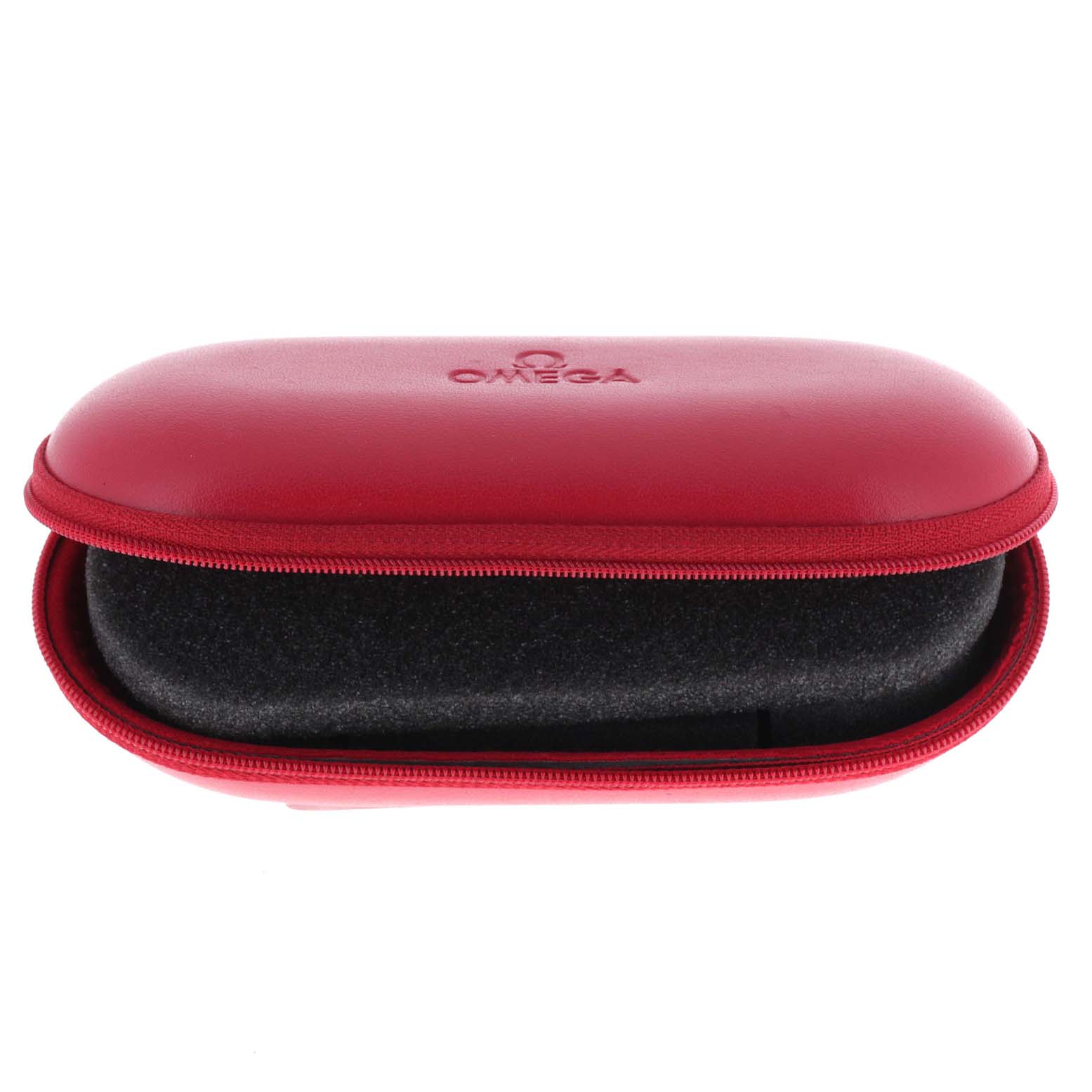 The image shows a red Omega Seamaster 2541.80.00 Men's Stainless Steel Blue Dial 2541.80.00 Men's Stainless Steel Blue Dial watch box, partially open, revealing the inside padding.