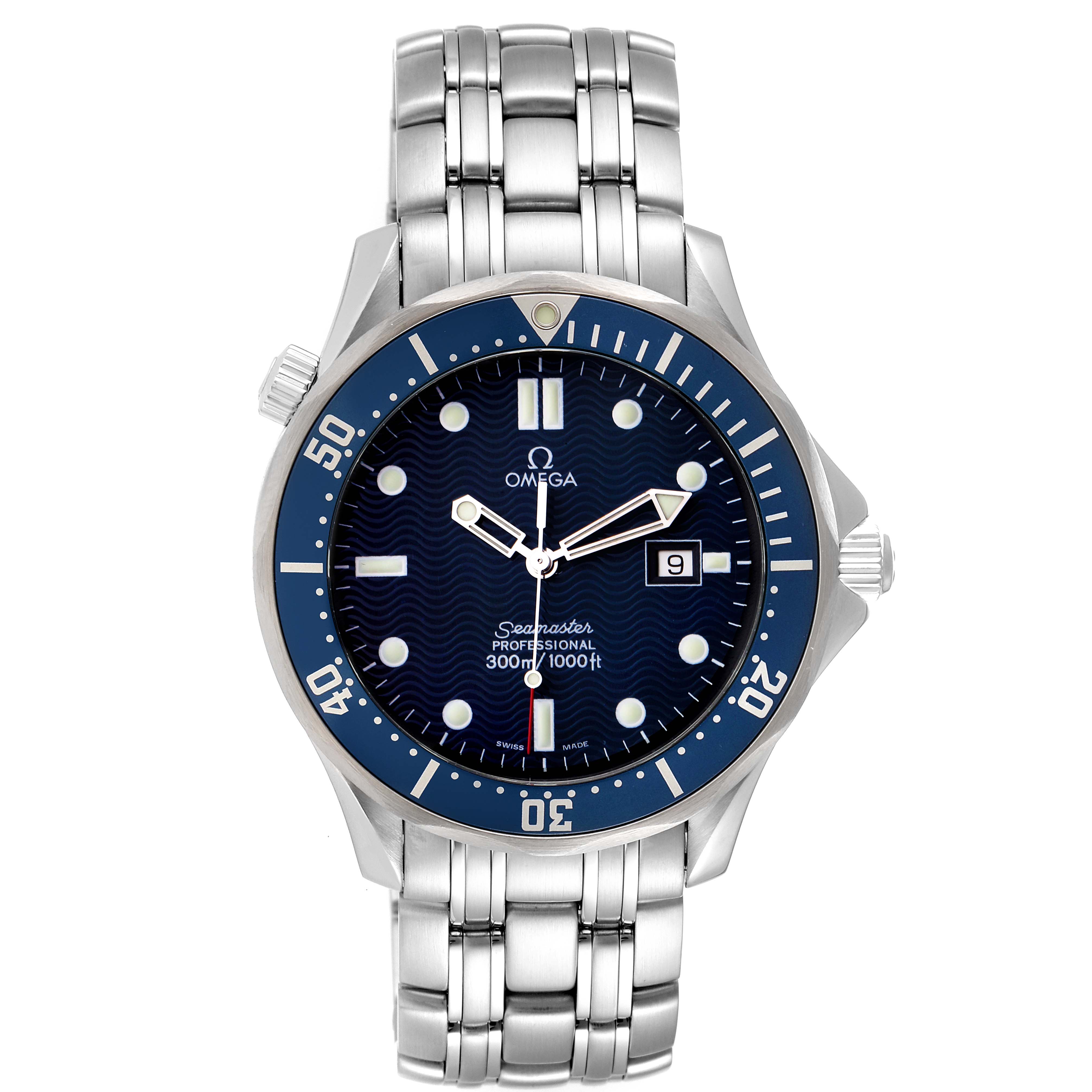 The Omega Seamaster 2541.80.00 Men's Stainless Steel Blue Dial 2541.80.00 Men's Stainless Steel Blue Dial watch is shown from the front, highlighting its dial, bezel, crown, and stainless steel bracelet.