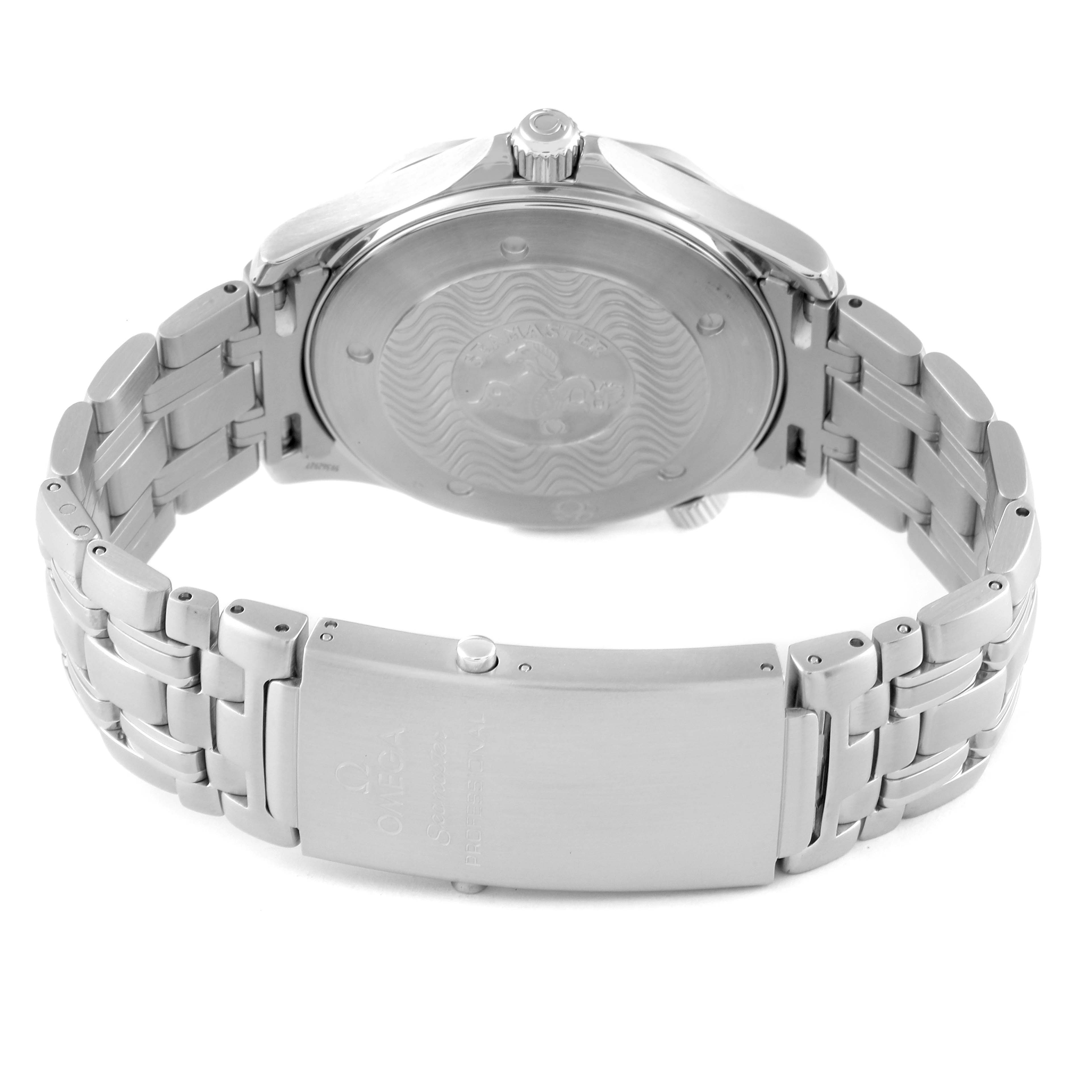 The image shows the back of an Omega Seamaster 2541.80.00 Men's Stainless Steel Blue Dial 2541.80.00 Men's Stainless Steel Blue Dial watch, highlighting the clasp, bracelet, and case back.