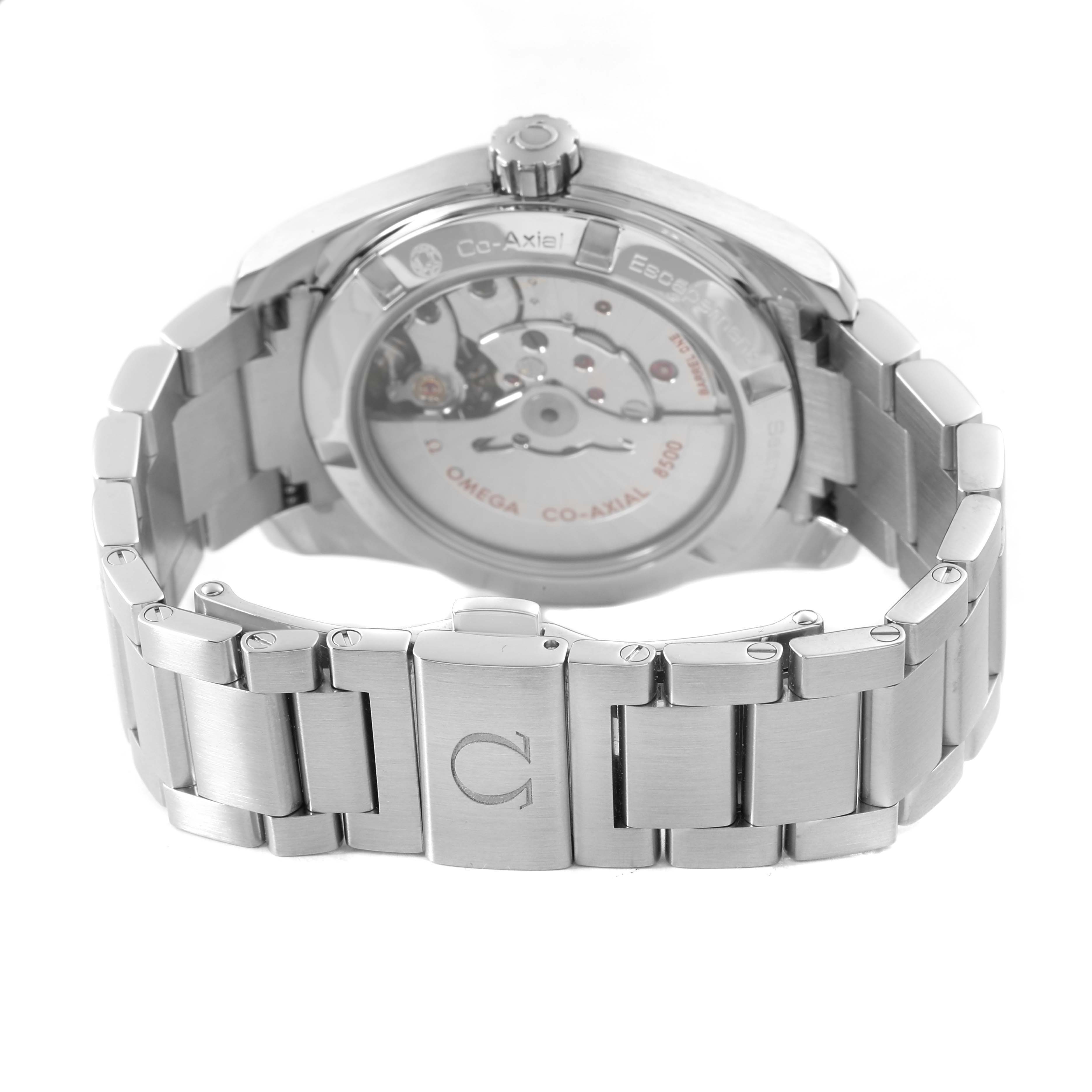 The image shows the back view of the Omega Aqua Terra 231.10.39.21.03.001 Men's Stainless Steel Blue Dial watch, highlighting its clasp and transparent case back.