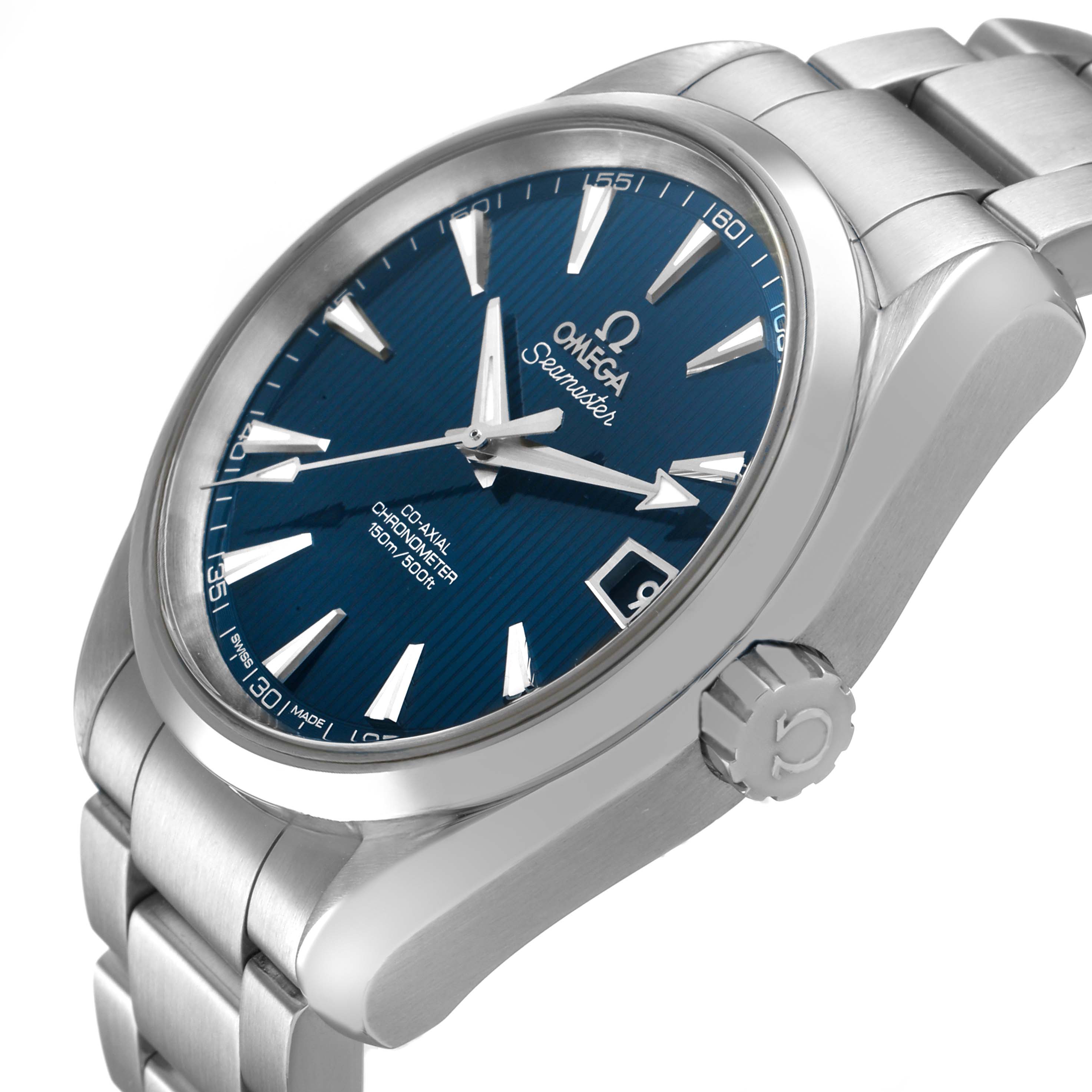 The Omega Aqua Terra 231.10.39.21.03.001 Men's Stainless Steel Blue Dial watch is shown at a three-quarter angle, highlighting the blue dial, bezel, bracelet, and crown.