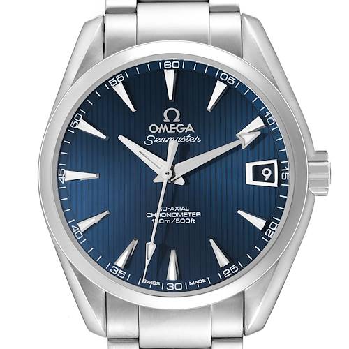 The Omega Aqua Terra 231.10.39.21.03.001 Men's Stainless Steel Blue Dial watch is shown from the front, highlighting the blue dial, silver hands, date window, and stainless steel bracelet.