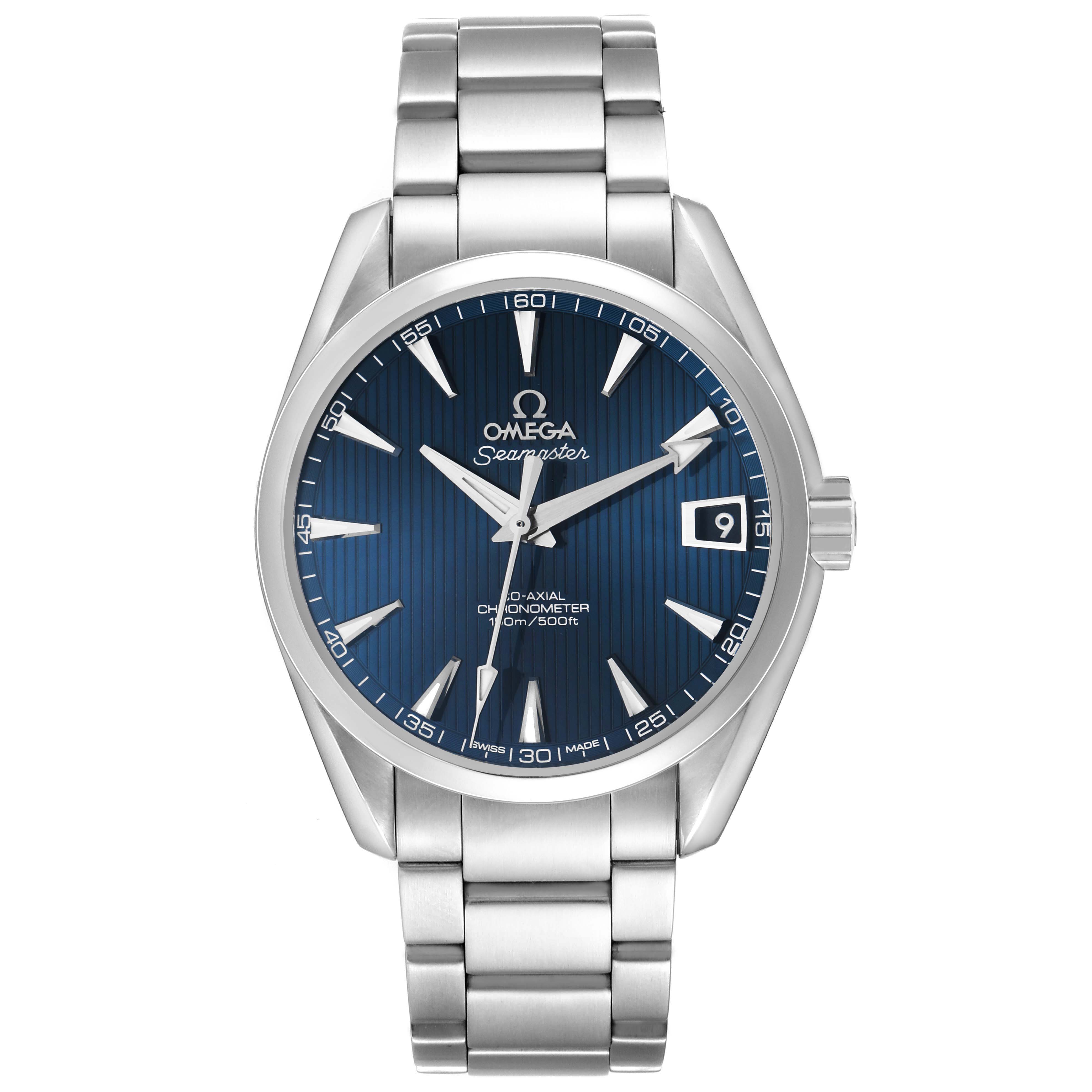 The Omega Aqua Terra 231.10.39.21.03.001 Men's Stainless Steel Blue Dial watch is shown from the front, displaying its blue dial, stainless steel bracelet, and date window.