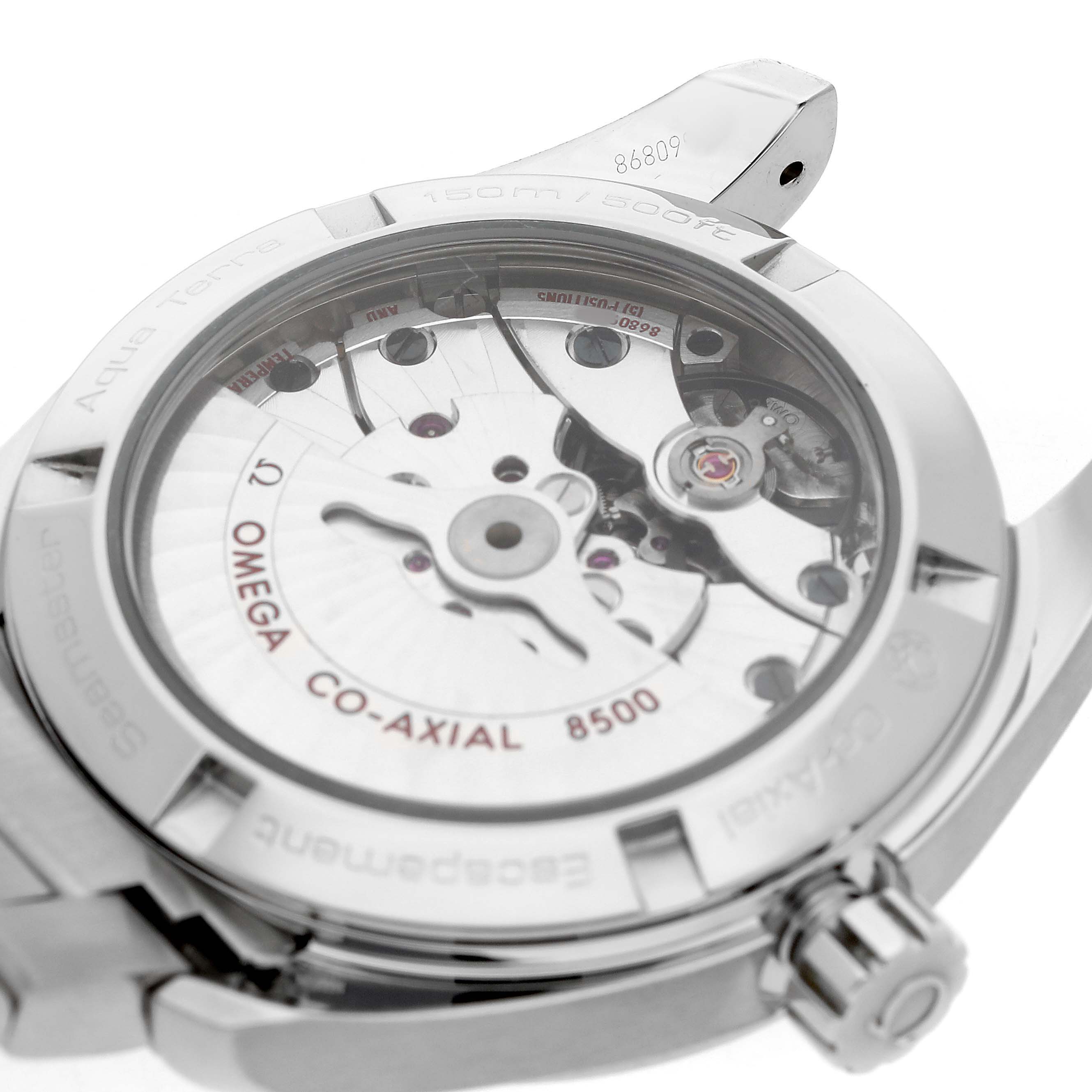 The Omega Aqua Terra 231.10.39.21.03.001 Men's Stainless Steel Blue Dial watch is shown from the back, highlighting its Co-Axial 8500 movement and transparent case back.