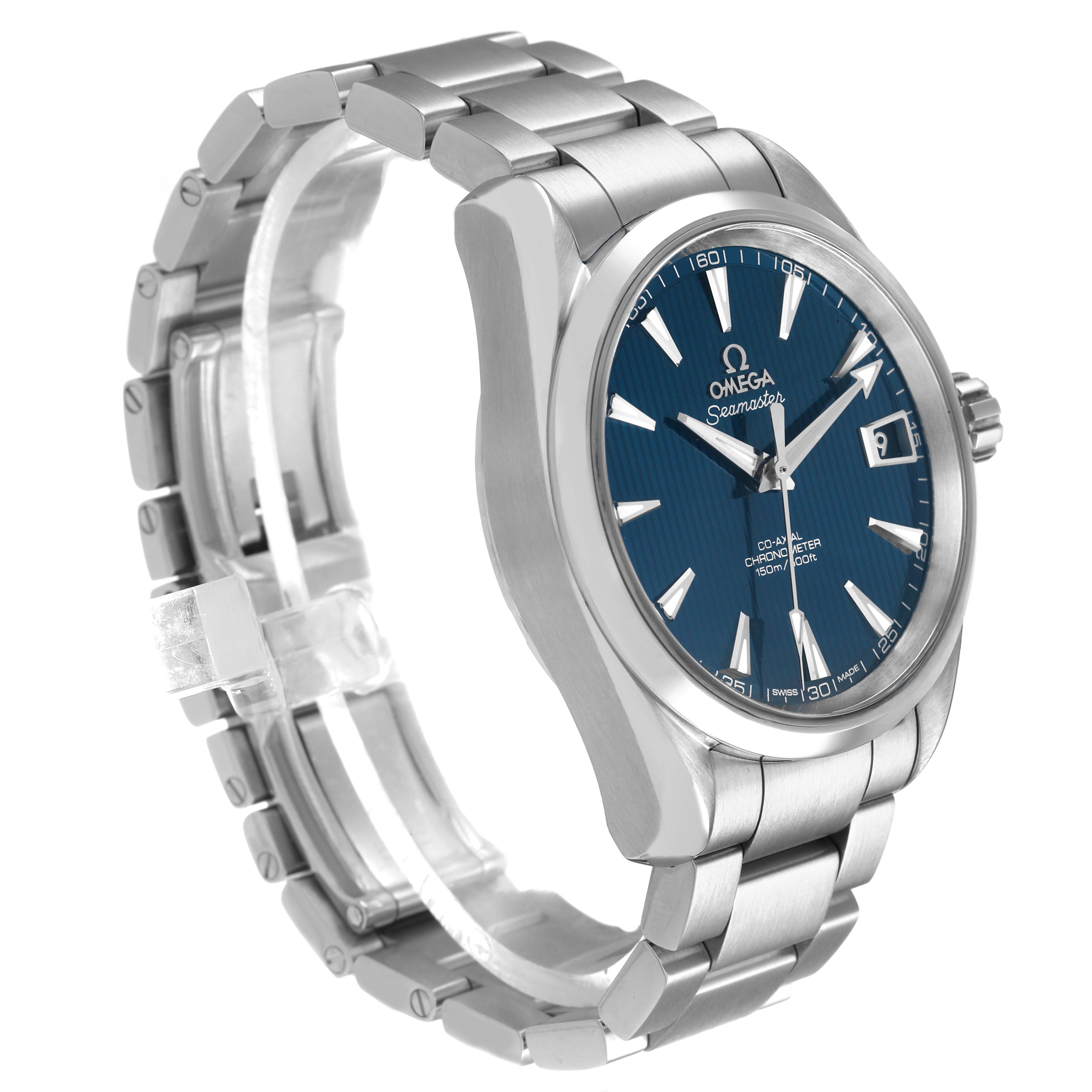 The Omega Aqua Terra 231.10.39.21.03.001 Men's Stainless Steel Blue Dial watch is shown at a three-quarter front angle, highlighting the dial, bezel, and metal bracelet.