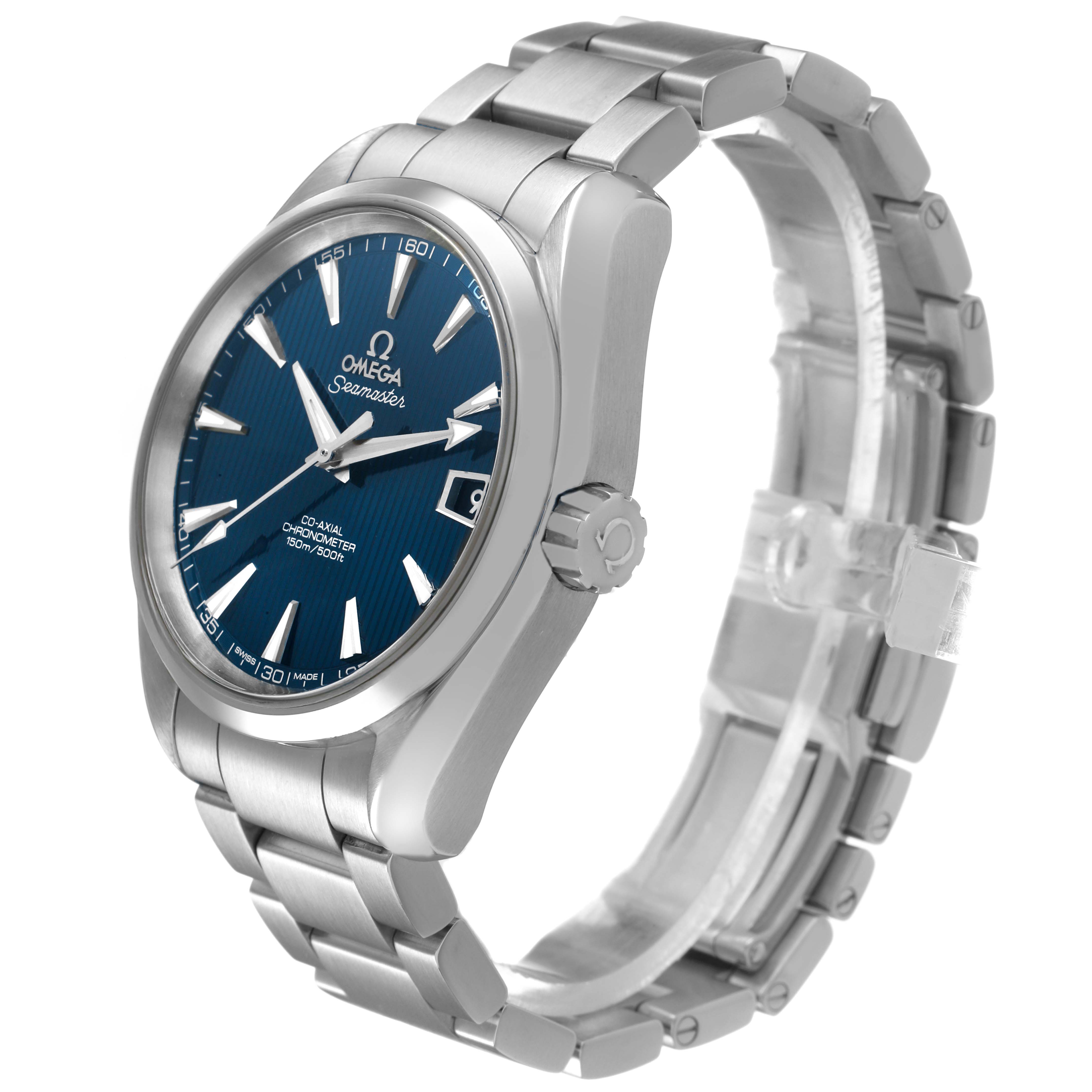 The image shows an Omega Aqua Terra 231.10.39.21.03.001 Men's Stainless Steel Blue Dial watch from a side angle, highlighting the blue dial, crown, and stainless steel bracelet.