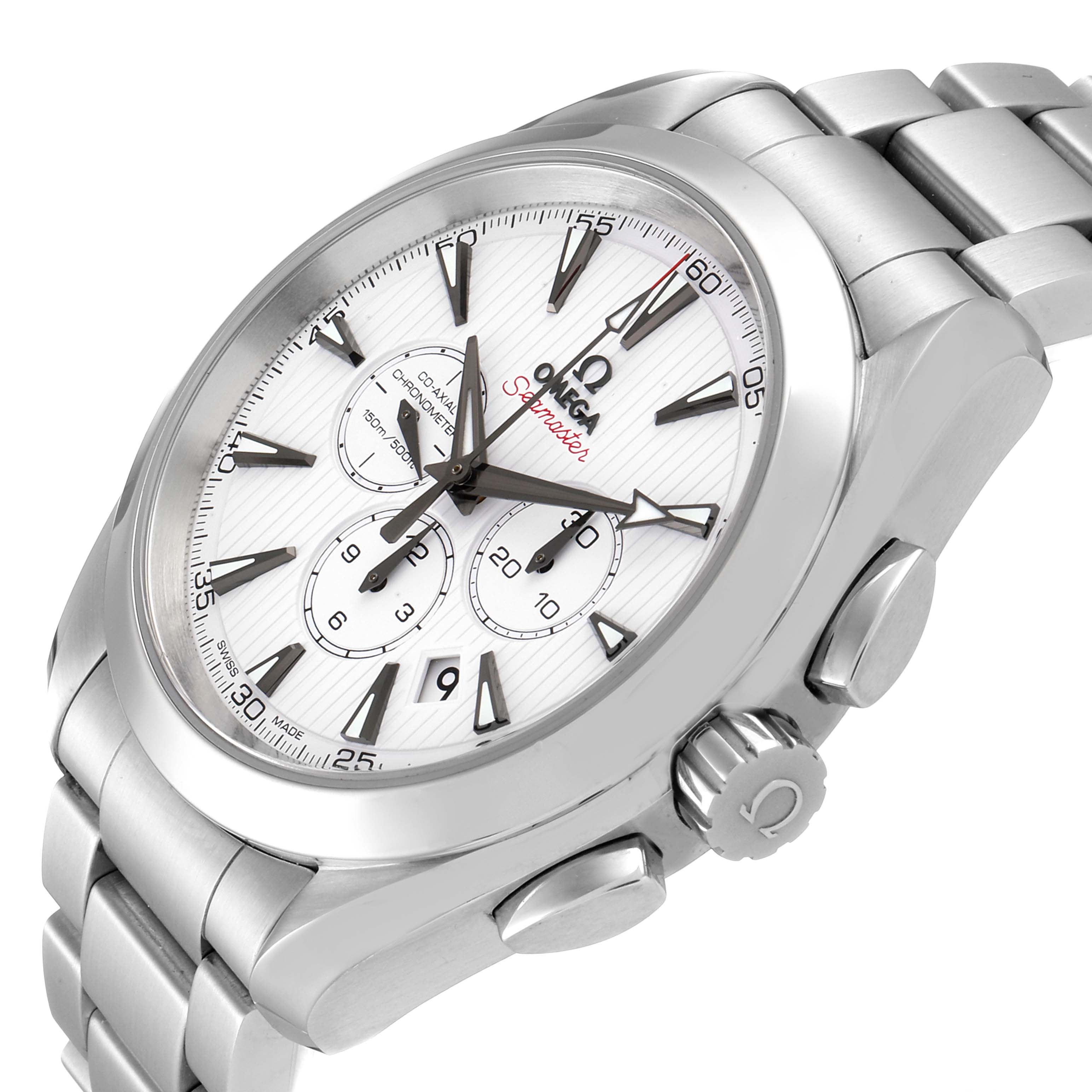 This image shows an Omega Aqua Terra 231.10.44.50.04.001 Men
s Stainless Steel White Dial 231.10.44.50.04.001 Men
s Stainless Steel White Dial watch from a three-quarter angle, highlighting the face, crown, and part of the bracelet.