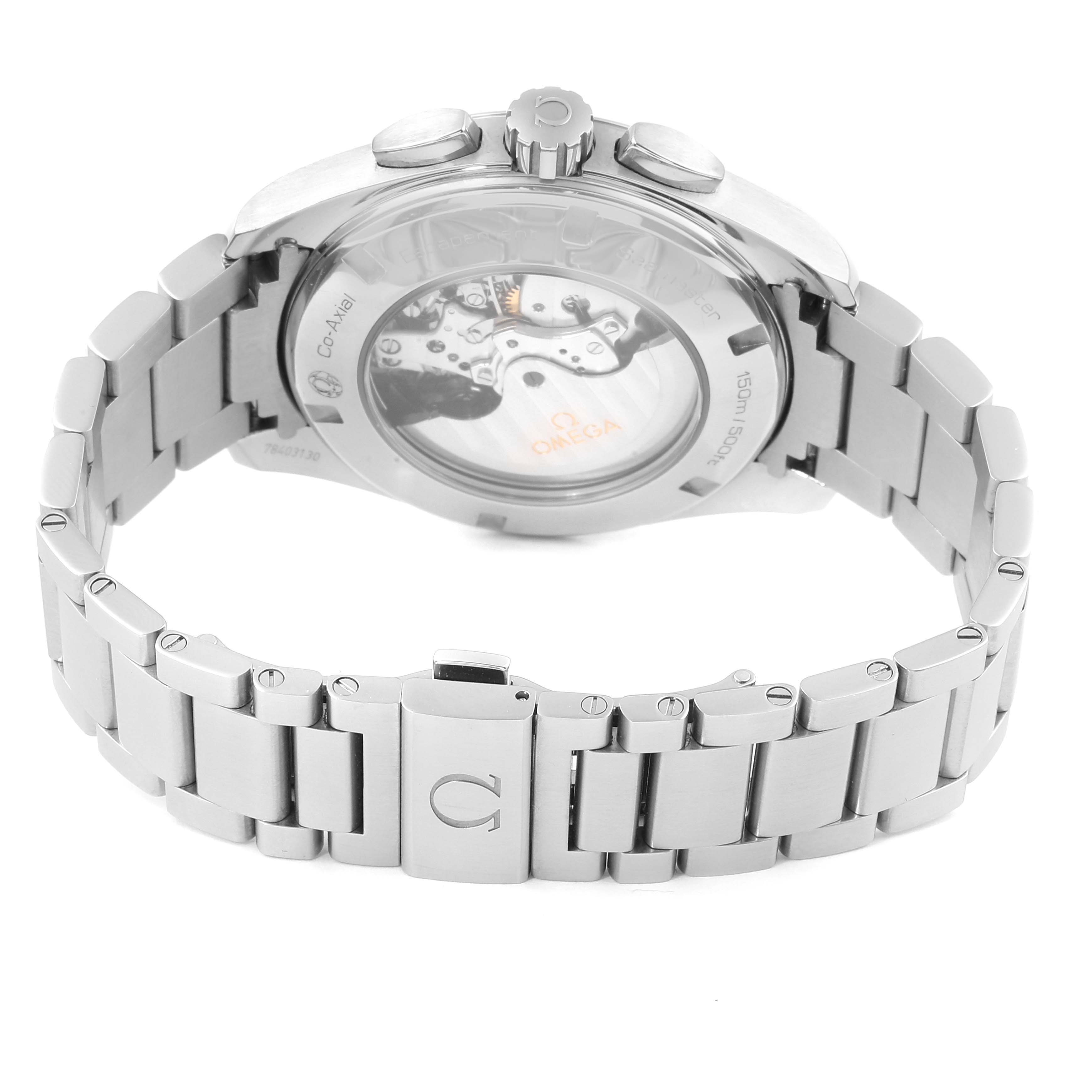 The image shows the back angle of the Omega Aqua Terra 231.10.44.50.04.001 Men
s Stainless Steel White Dial 231.10.44.50.04.001 Men
s Stainless Steel White Dial watch, displaying the bracelet and visible movement through the case.