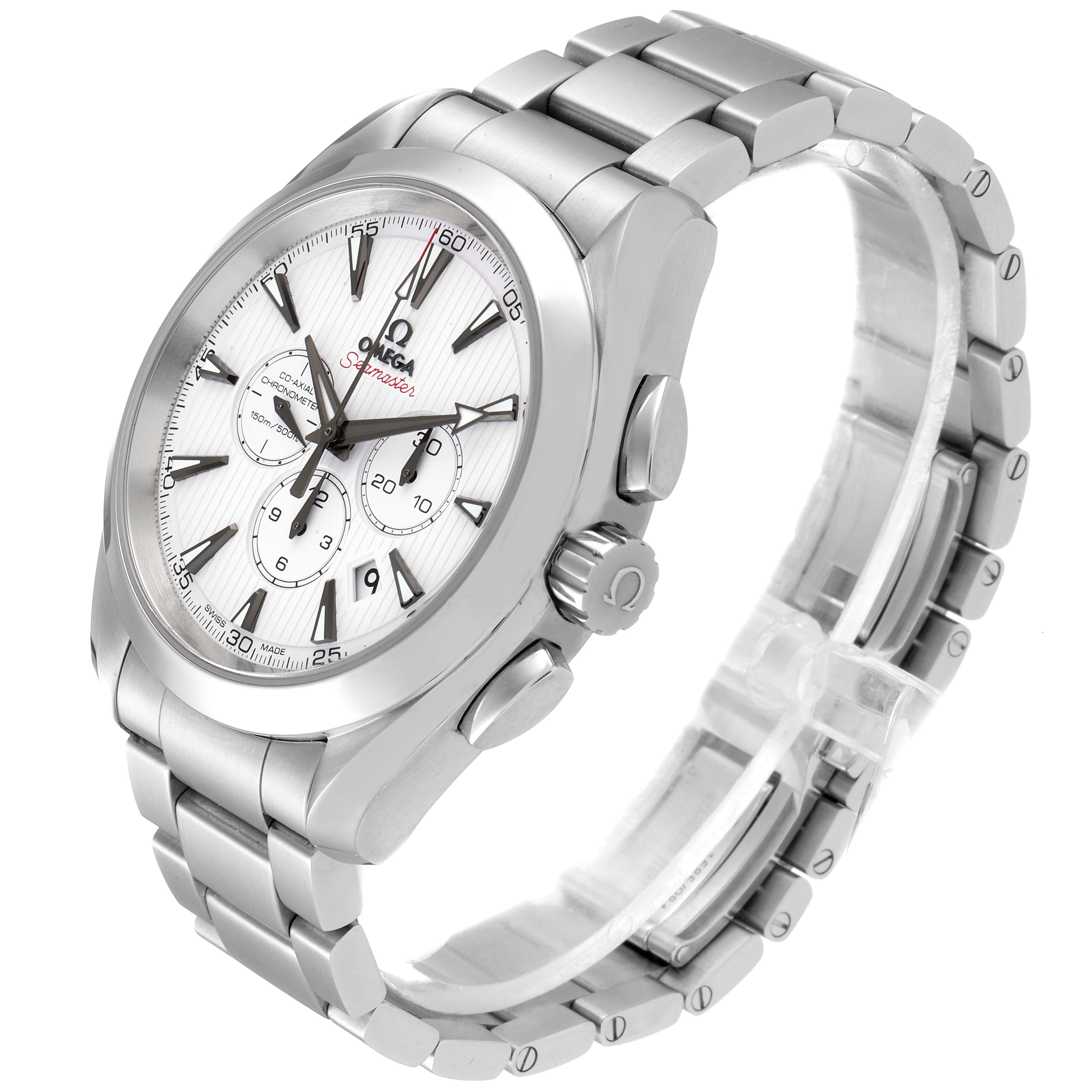 The Omega Aqua Terra 231.10.44.50.04.001 Men
s Stainless Steel White Dial 231.10.44.50.04.001 Men
s Stainless Steel White Dial watch is shown from an angled perspective, featuring its face, bezel, crown, and metal bracelet.