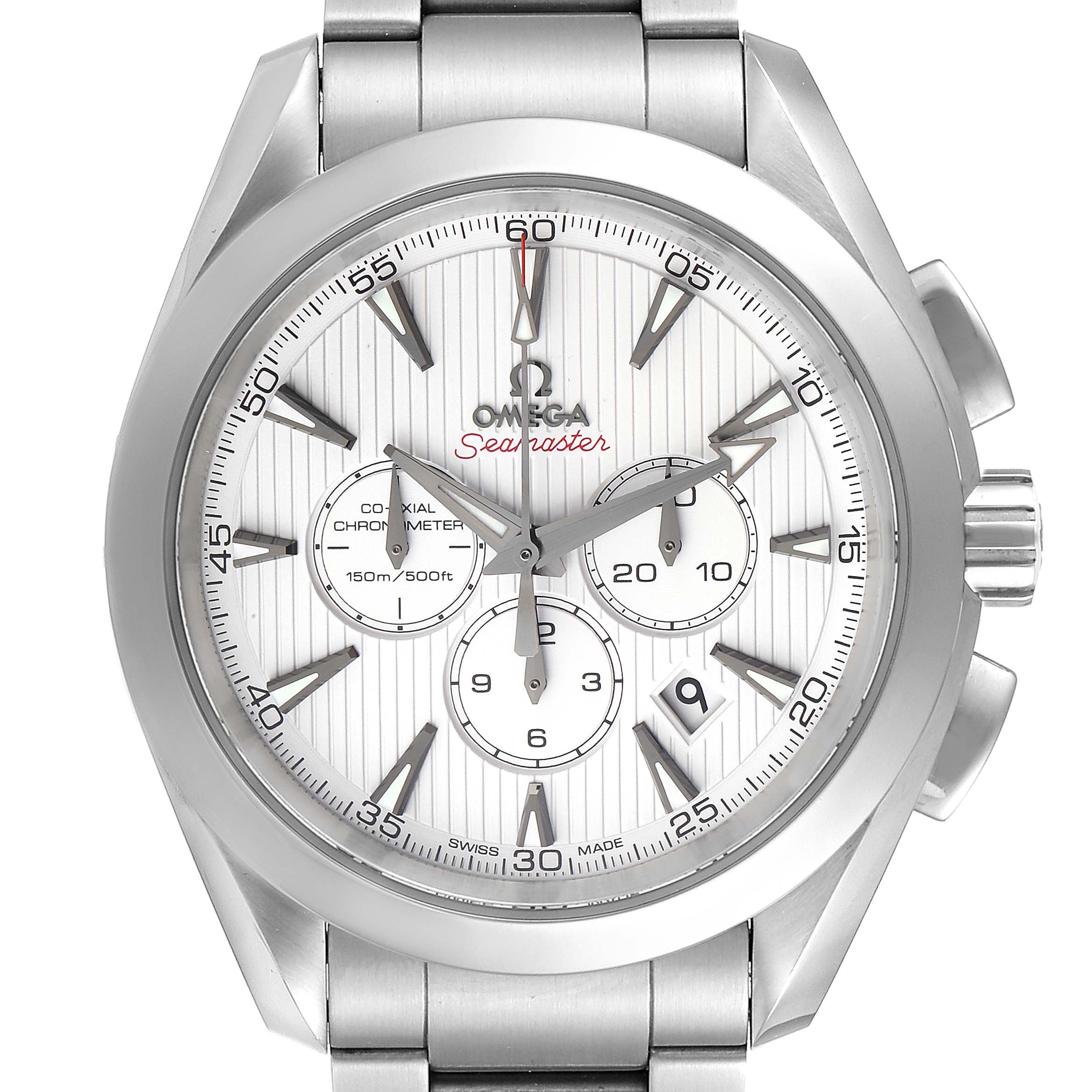 The image shows a front view of the Omega Aqua Terra 231.10.44.50.04.001 Men
s Stainless Steel White Dial 231.10.44.50.04.001 Men
s Stainless Steel White Dial watch, displaying the dial, case, crown, and part of the bracelet.
