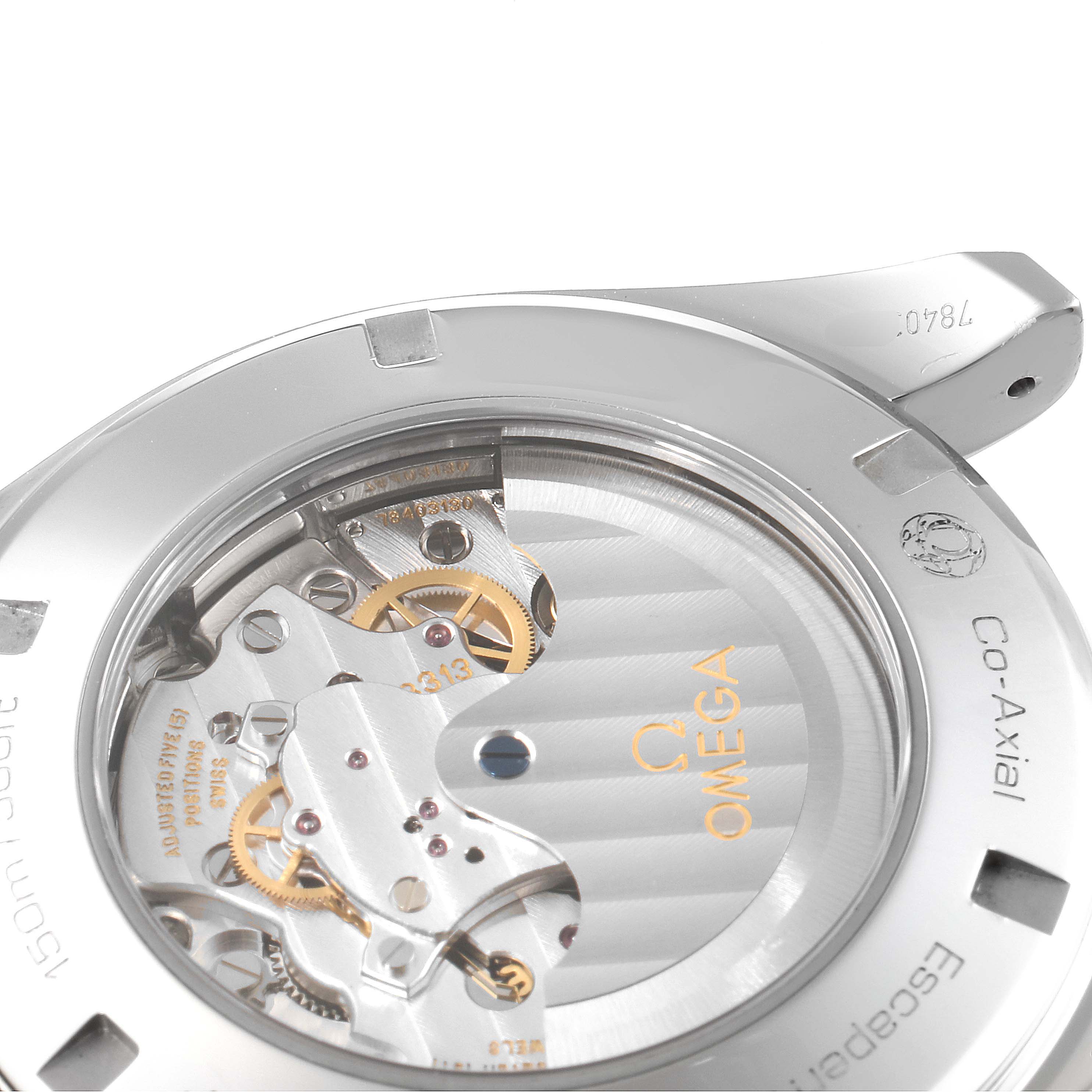 This image shows the back view of the Omega Aqua Terra 231.10.44.50.04.001 Men
s Stainless Steel White Dial 231.10.44.50.04.001 Men
s Stainless Steel White Dial watch, highlighting its Co-Axial movement and internal mechanism.