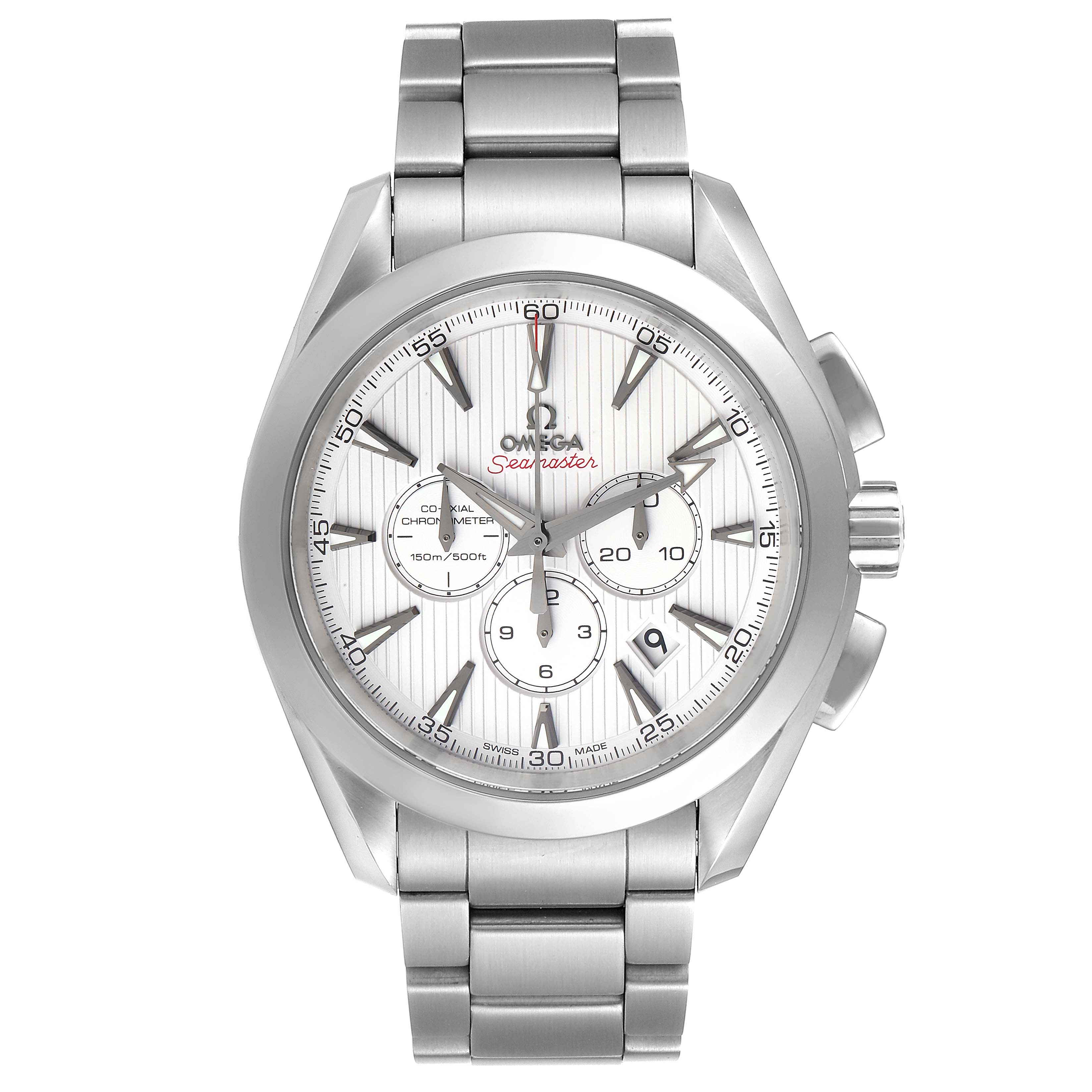 This is a front view of the Omega Aqua Terra 231.10.44.50.04.001 Men
s Stainless Steel White Dial 231.10.44.50.04.001 Men
s Stainless Steel White Dial Seamaster watch, showing the dial, sub-dials, bezel, and bracelet.