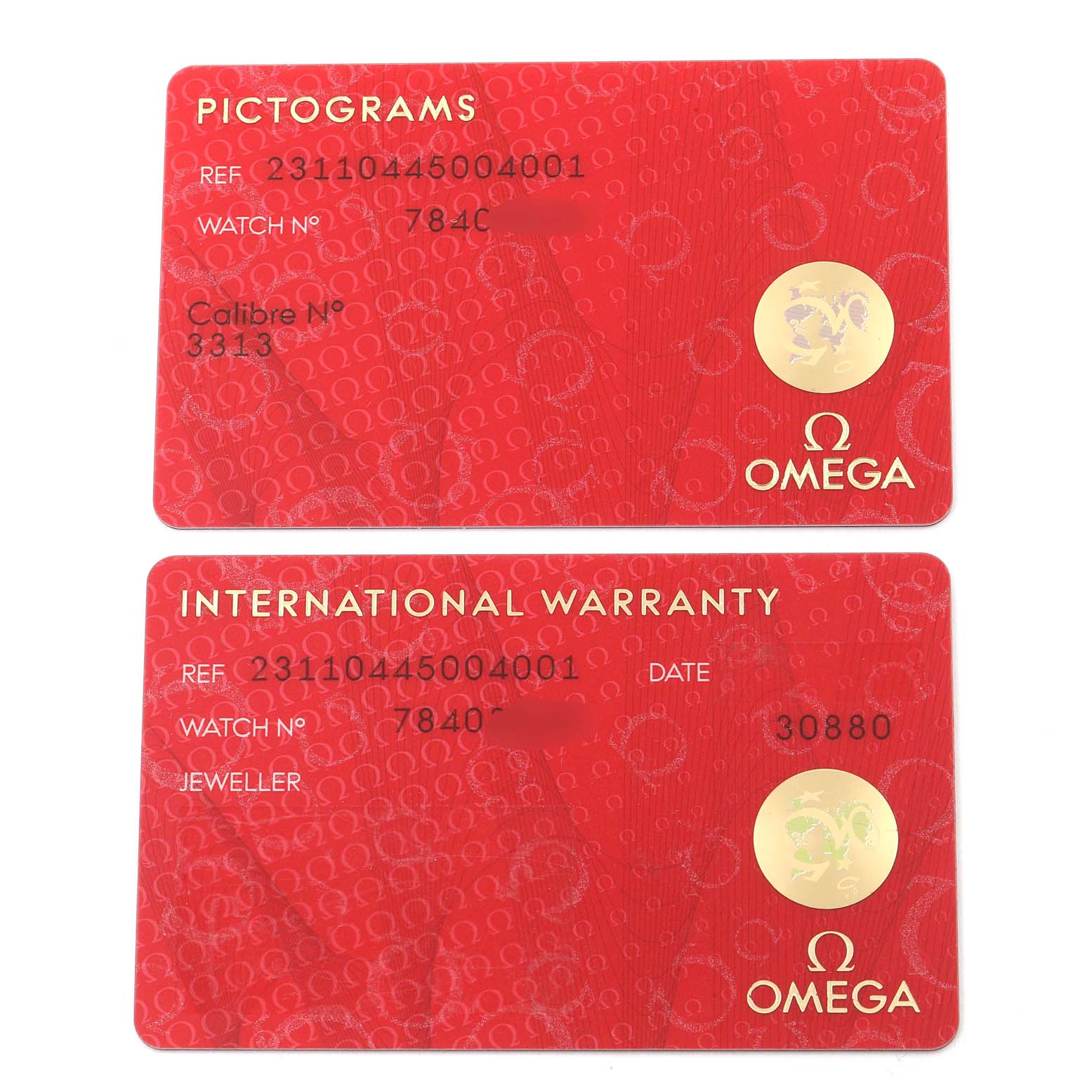 These are warranty and pictogram cards for the Omega Aqua Terra 231.10.44.50.04.001 Men
s Stainless Steel White Dial 231.10.44.50.04.001 Men
s Stainless Steel White Dial model, displayed flat.