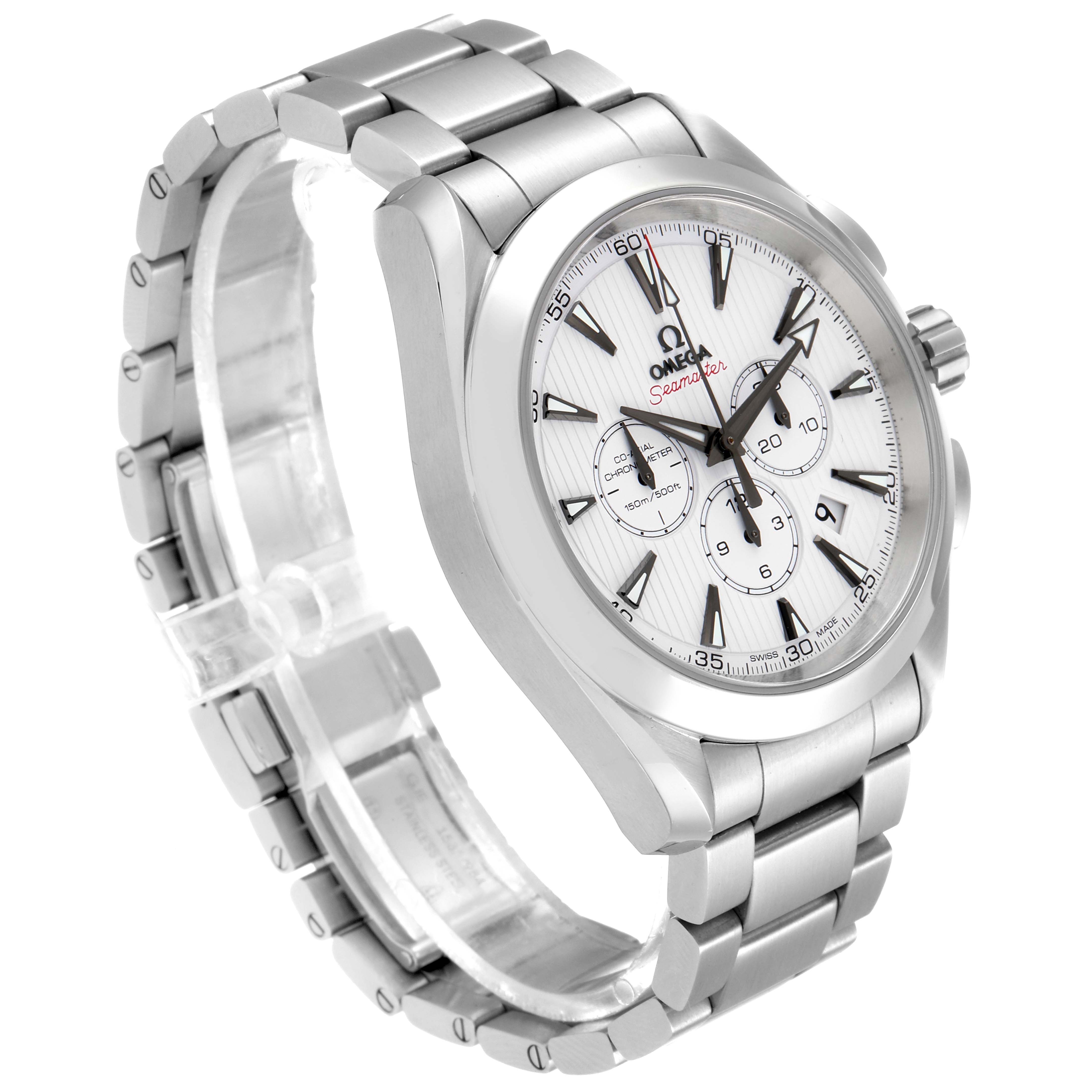 The image shows a side angle view of the Omega Aqua Terra 231.10.44.50.04.001 Men
s Stainless Steel White Dial 231.10.44.50.04.001 Men
s Stainless Steel White Dial watch, highlighting its face, bezel, crown, and stainless steel bracelet.