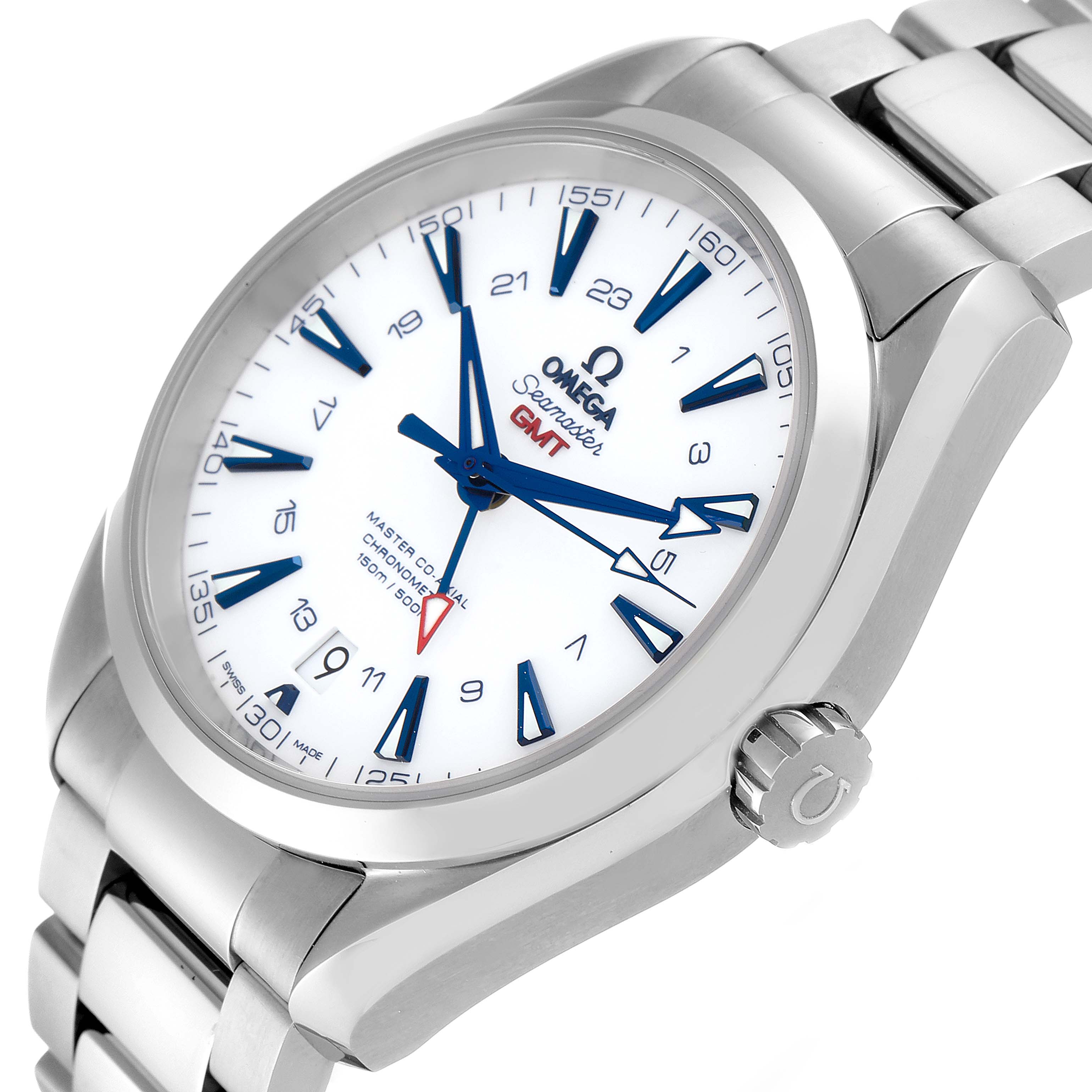 The Omega Aqua Terra 231.90.43.22.04.001 Men's Titanium White Dial 231.90.43.22.04.001 Men's Titanium White Dial watch is shown at an angled view highlighting the dial, bezel, case, crown, and part of the bracelet.