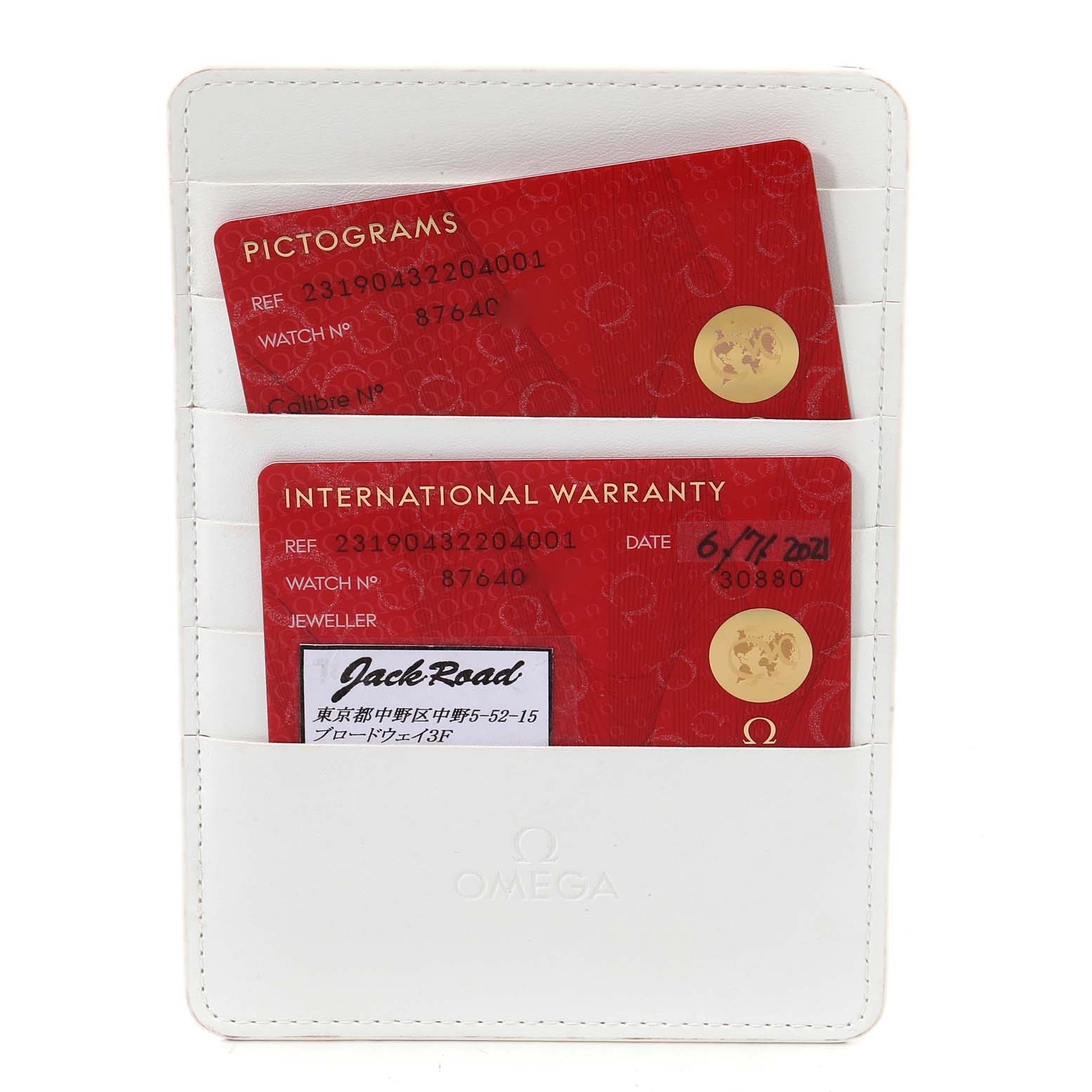 The image shows the warranty and pictogram cards for an Omega Aqua Terra 231.90.43.22.04.001 Men's Titanium White Dial 231.90.43.22.04.001 Men's Titanium White Dial watch, placed in a white cardholder.