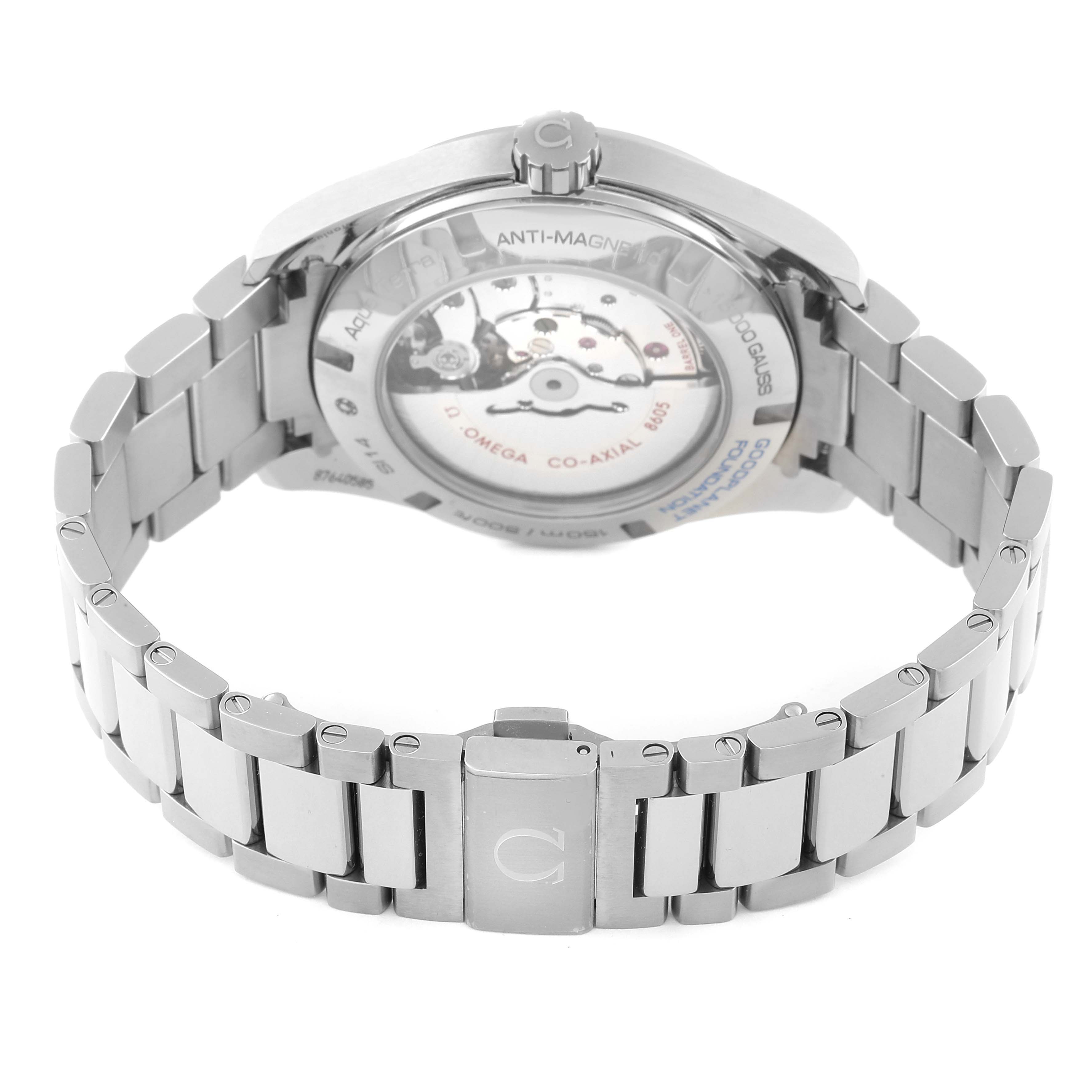 The image shows the back view of the Omega Aqua Terra 231.90.43.22.04.001 Men's Titanium White Dial 231.90.43.22.04.001 Men's Titanium White Dial watch, highlighting its stainless steel bracelet and visible movement through the case back.