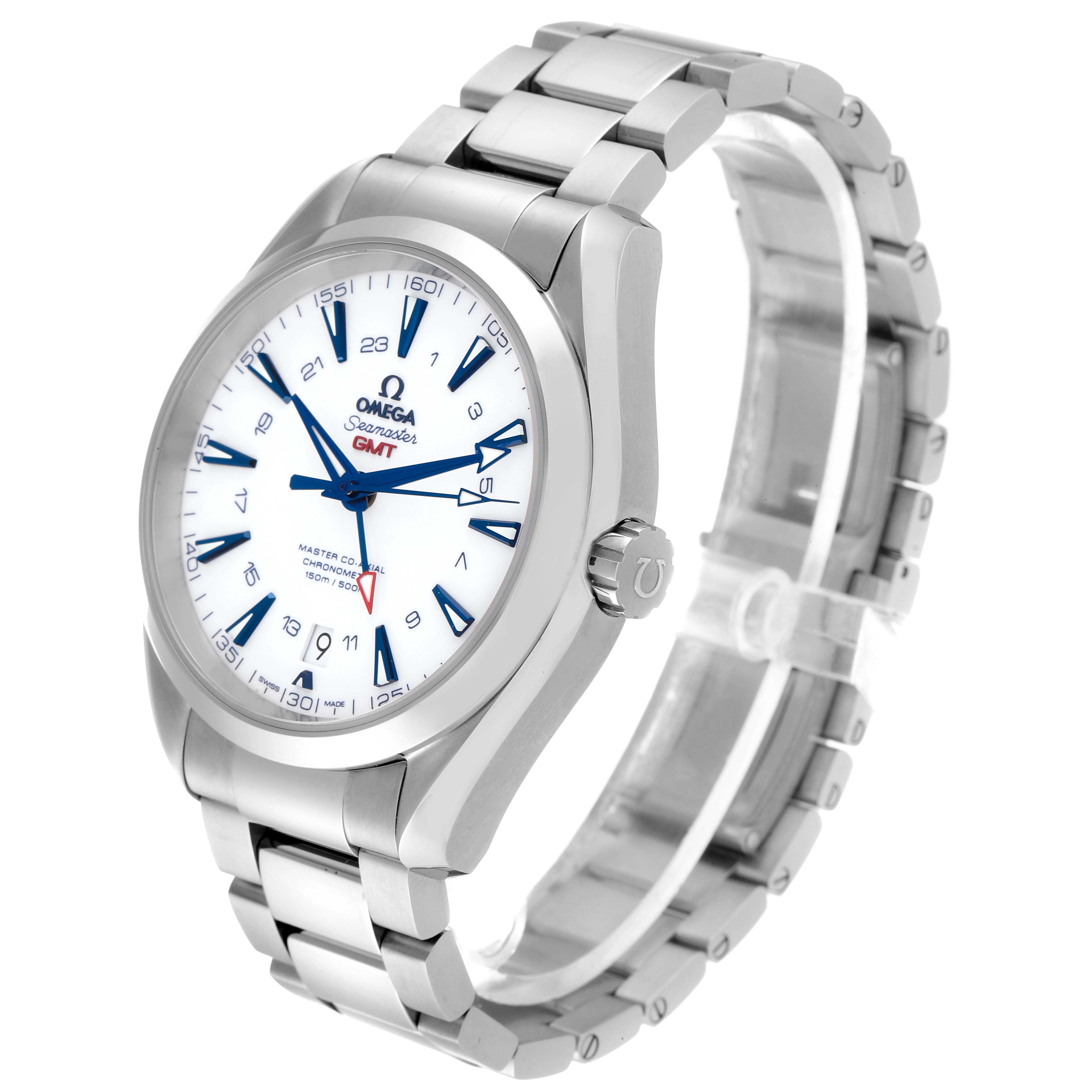 The image shows an angled view of the Omega Aqua Terra 231.90.43.22.04.001 Men's Titanium White Dial 231.90.43.22.04.001 Men's Titanium White Dial watch, highlighting the face, bezel, bracelet, and crown.